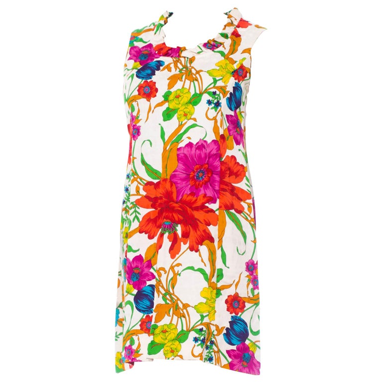 1960S White Floral Cotton Jacquard Sateen Mod Dress XL For Sale at 1stDibs