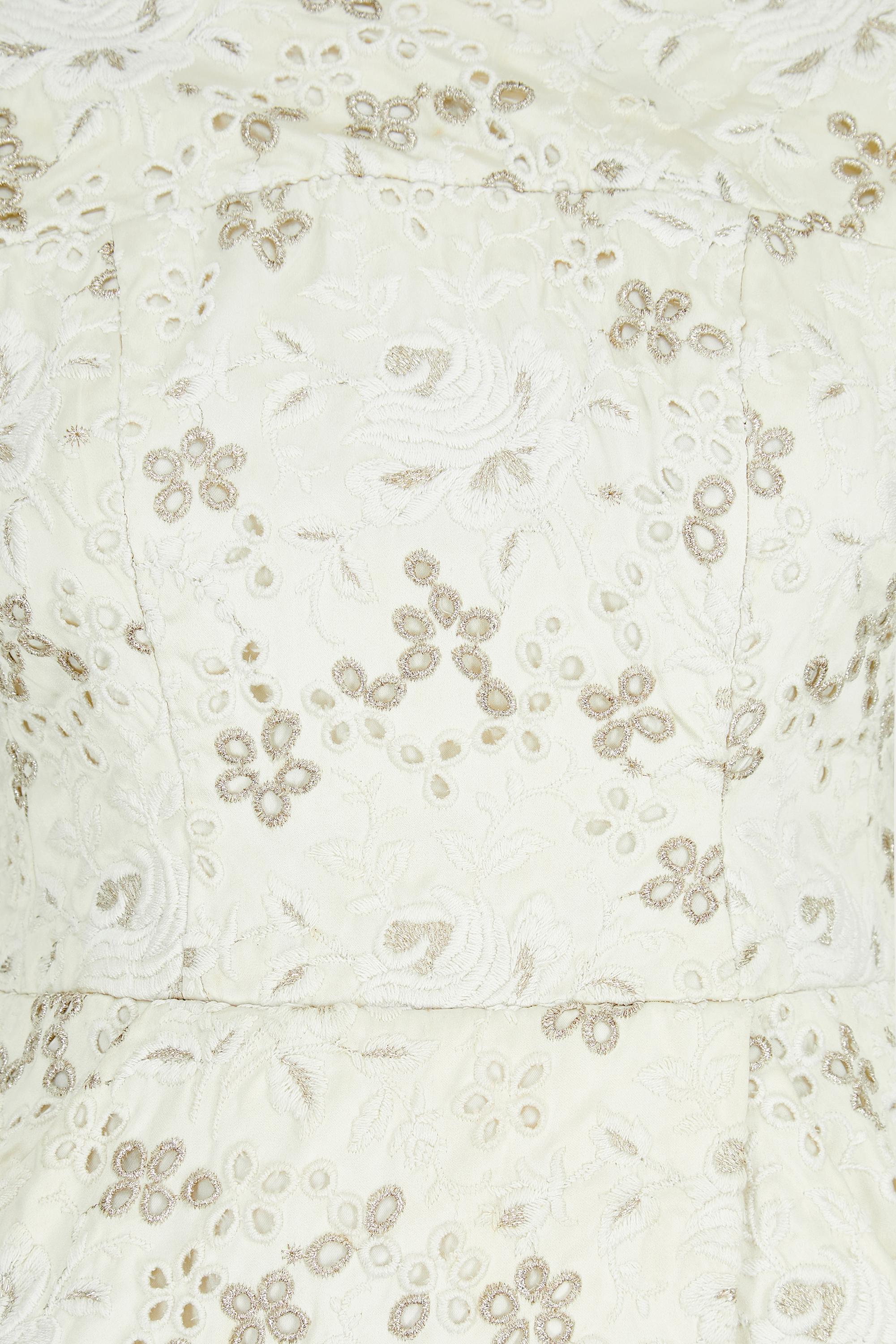Women's 1960s White Floral Embroidered Brocade Column Dress