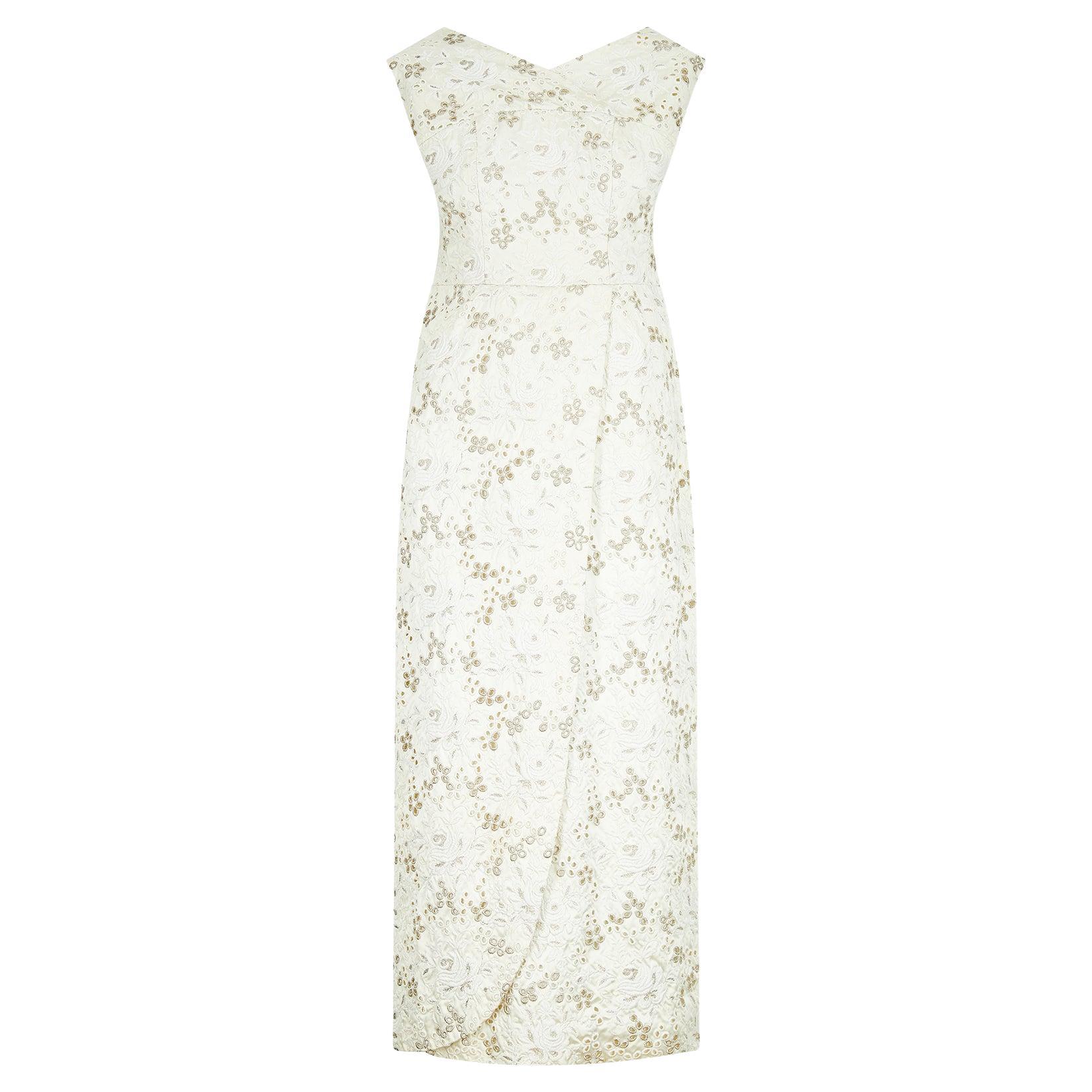 1960s White Floral Embroidered Brocade Column Dress For Sale