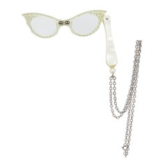 1960s White Folding Opera Cat Eye Glasses with Rhinestone Embellishment