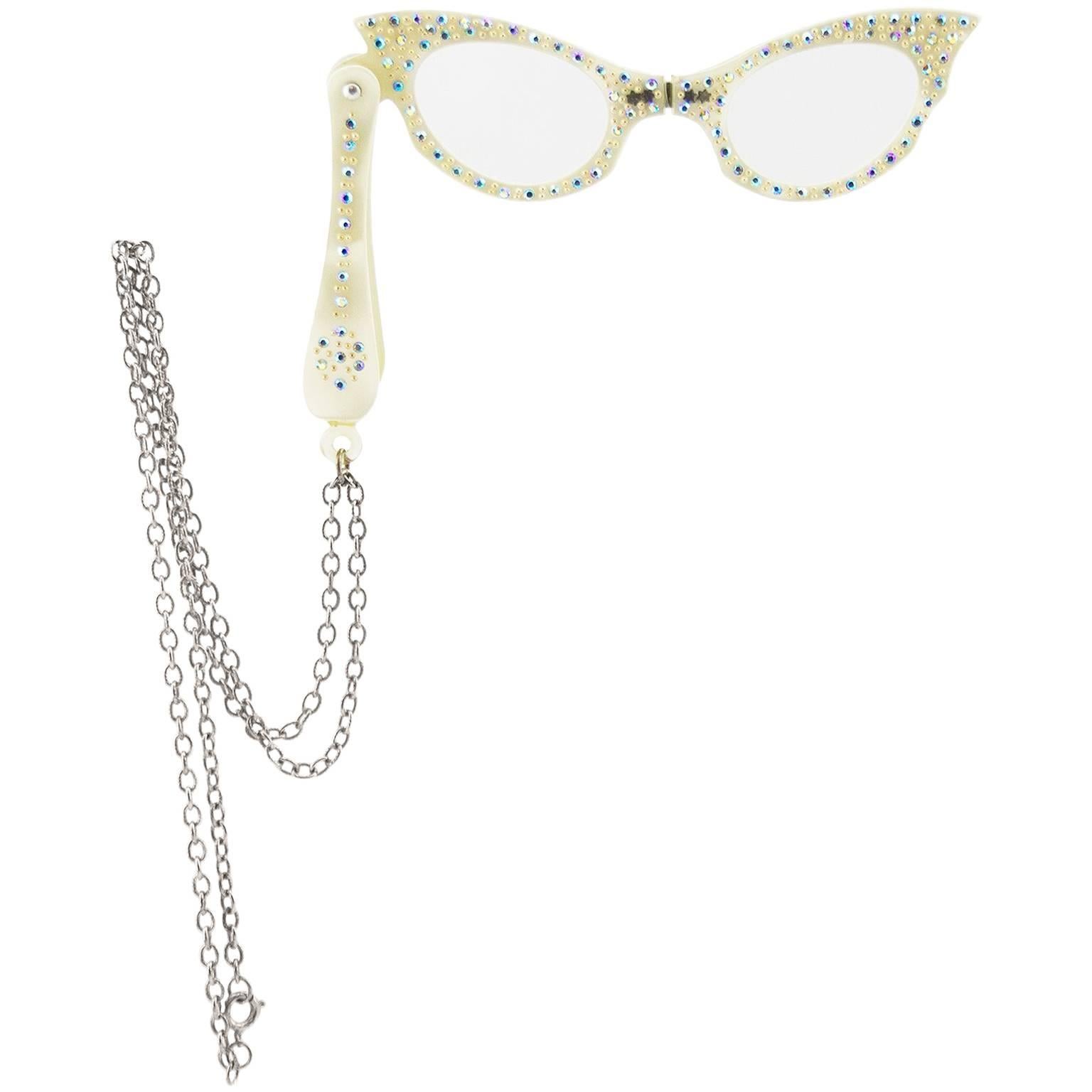 1960s White Folding Opera Cat Eye Glasses with Rhinestone Embellishment