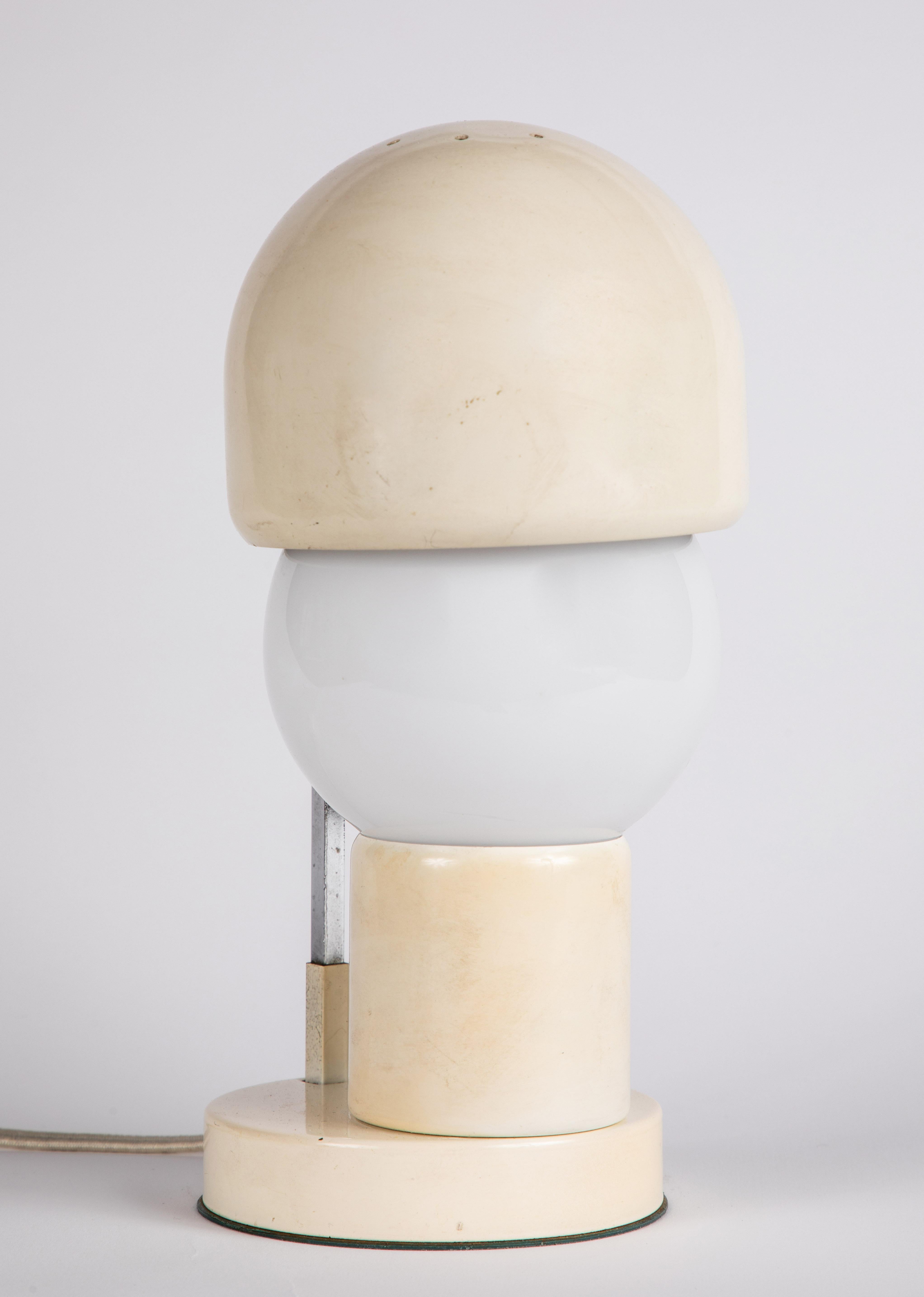 Painted 1960s White Glass and Metal Table Lamp Attributed to Angelo Lelli for Arredoluce