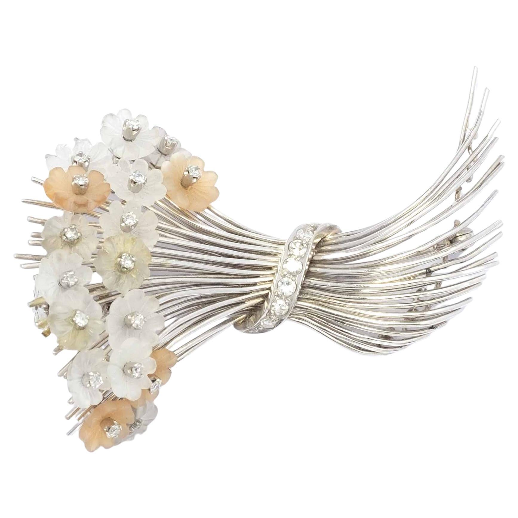 1960s White Gold Brooch with Hand-Carved Chalcedony & Diamonds