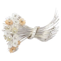 1960s White Gold Brooch with Hand-Carved Chalcedony & Diamonds