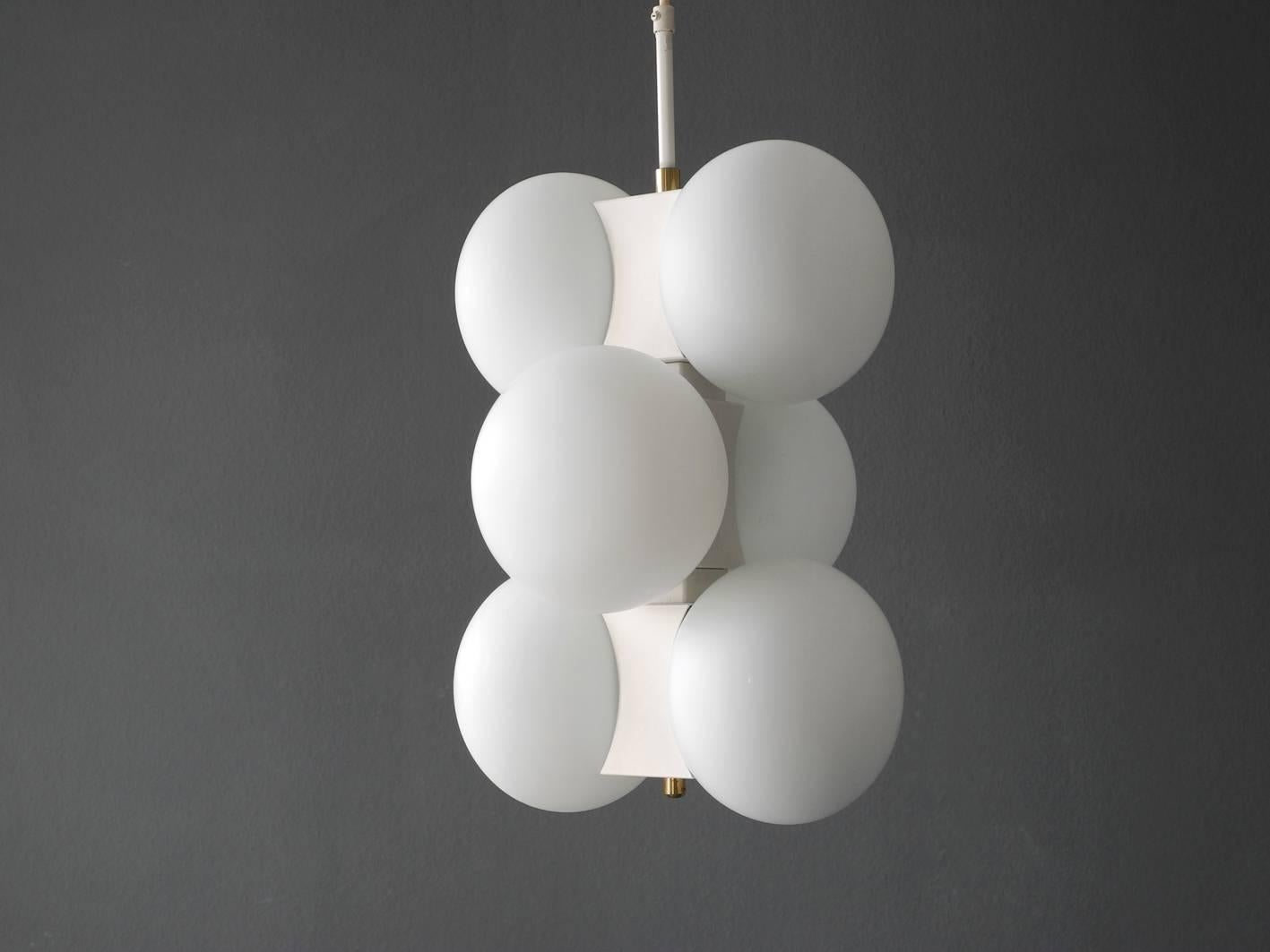 Mid-20th Century 1960s White Kaiser Space Age Metal Brass Ceiling Lamp with Six Opal Glass Balls