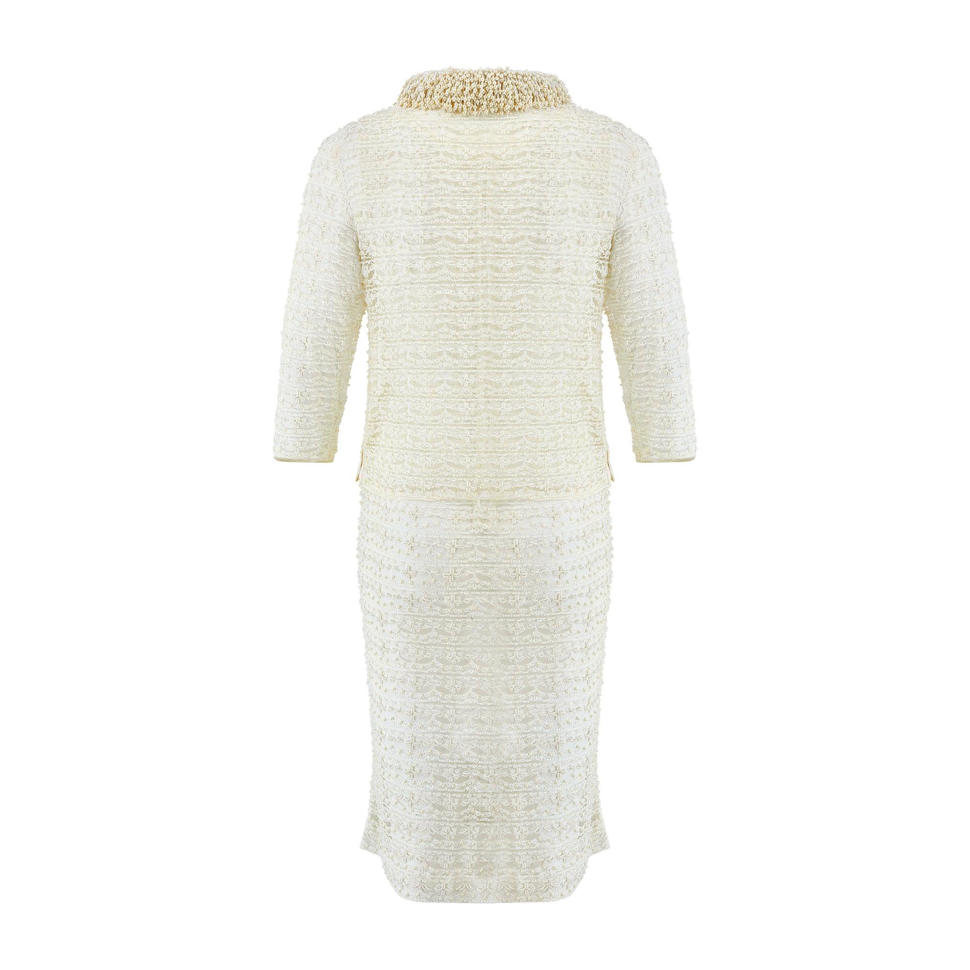 1960s White Lace and Pearl Embellished Dress and Jacket Set In Excellent Condition For Sale In London, GB
