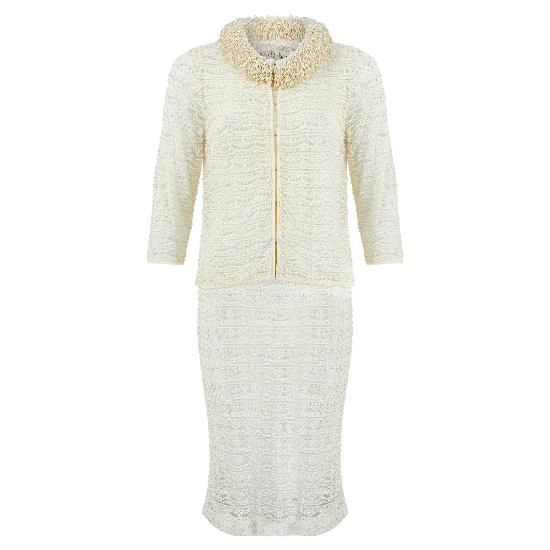 1960s White Lace and Pearl Embellished Dress and Jacket Set For Sale