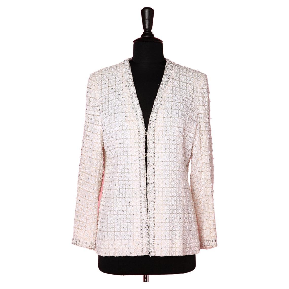 1960's white lace evening jacket with rhinestone and beads embroideries  For Sale