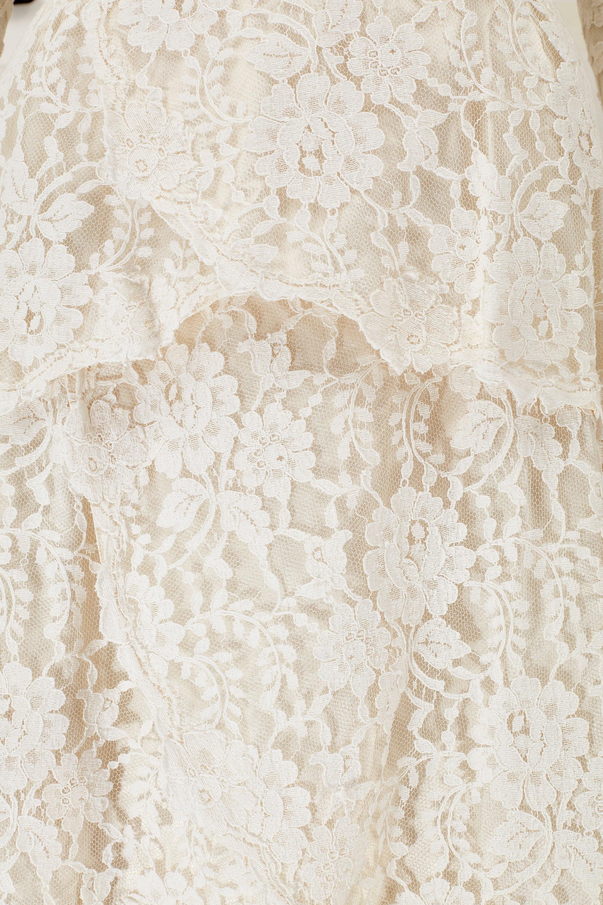 Women's 1960s White Lace Tiered Wedding Dress with Train For Sale