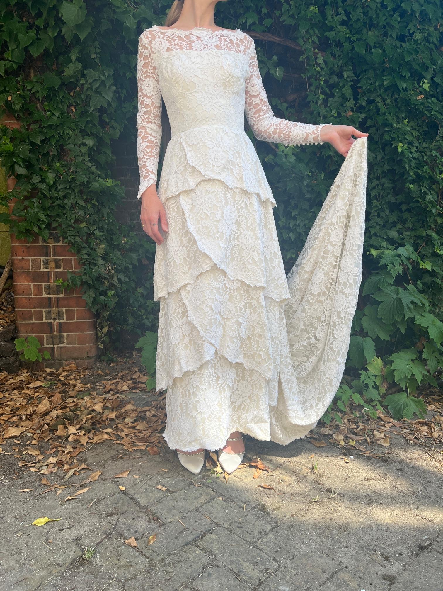 1960s White Lace Tiered Wedding Dress with Train For Sale 1