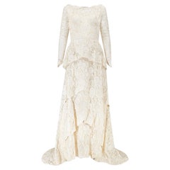 1960s White Lace Tiered Wedding Dress with Train