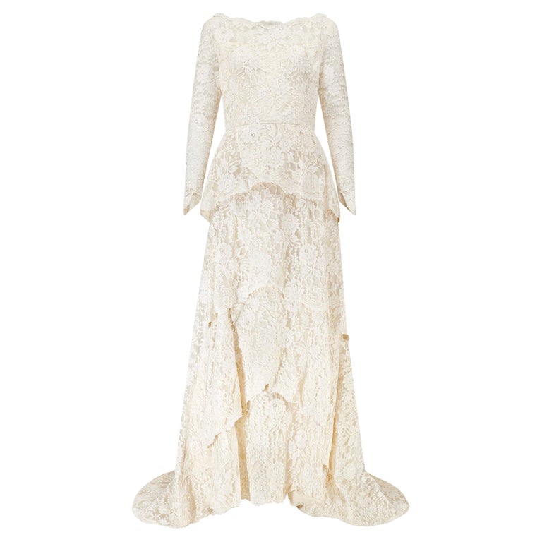 1960s White Lace Tiered Wedding Dress With Train 1960s White Lace Tiered Wedding Dress With Train