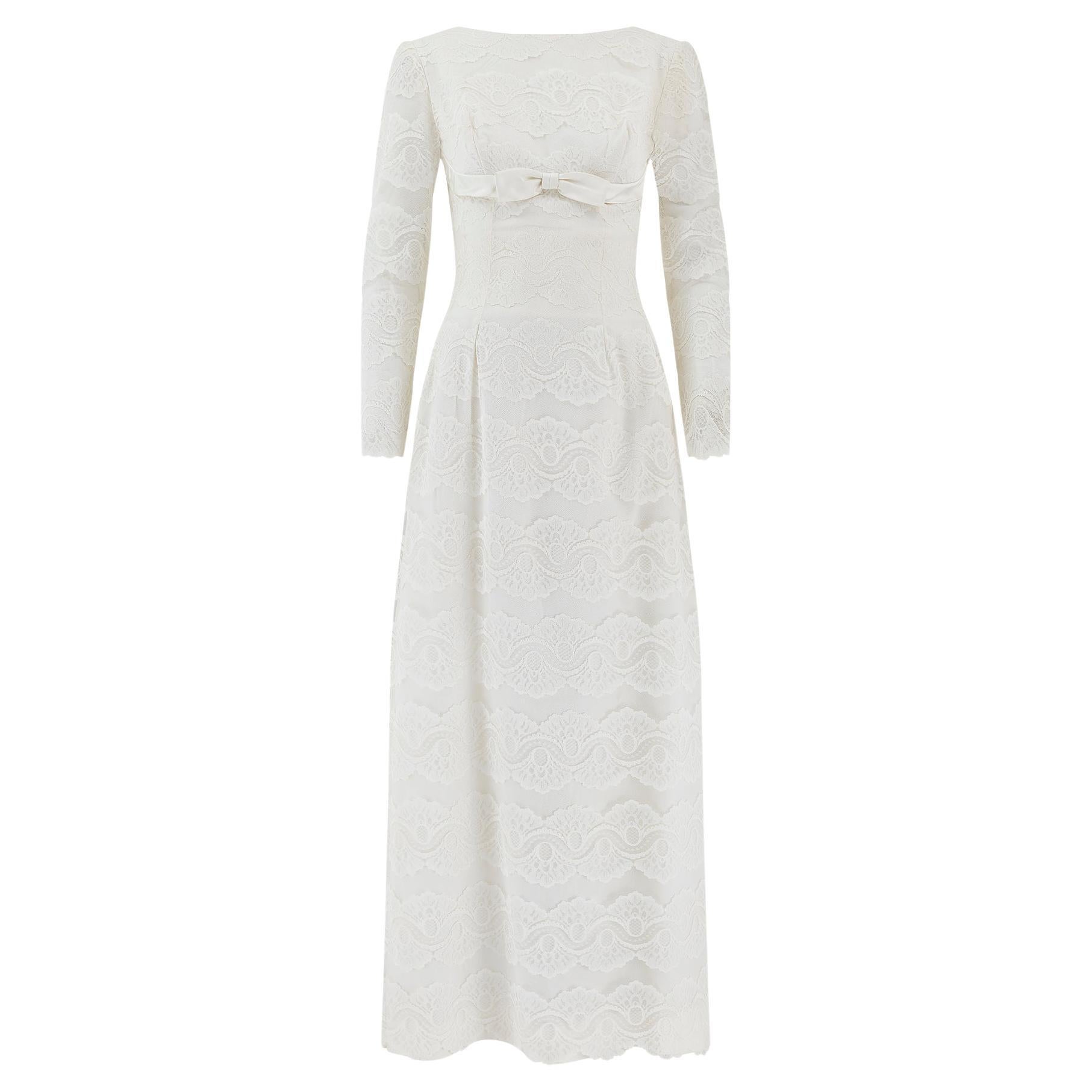 1960s White Lace Wedding Dress with Tulle Lace Train