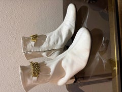 1960s White Leather GO GO Booties w Round Toe Block Heel & Gold Chain Swag
