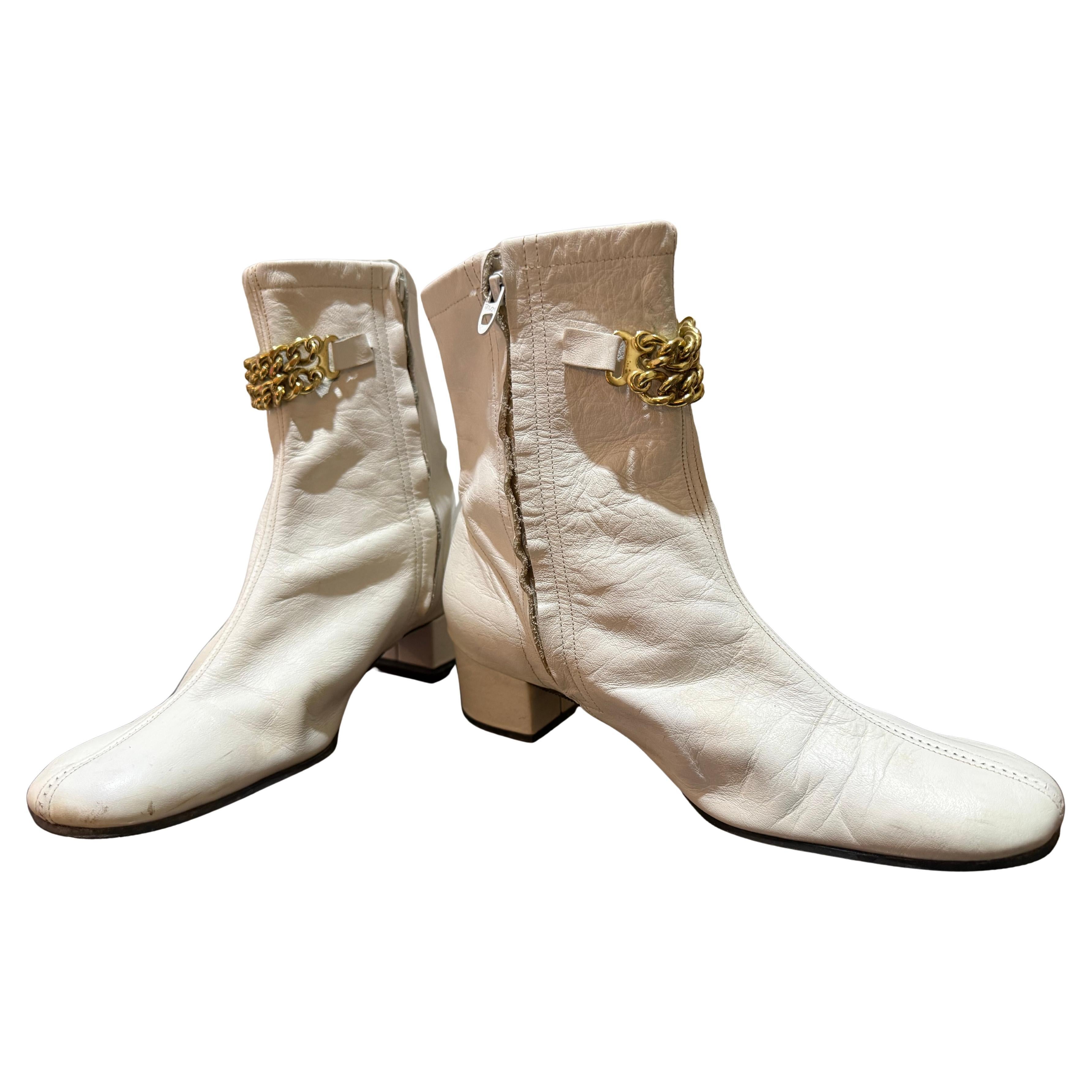 1960s White Leather GO GO Booties w Round Toe Block Heel & Gold Chain Swag For Sale