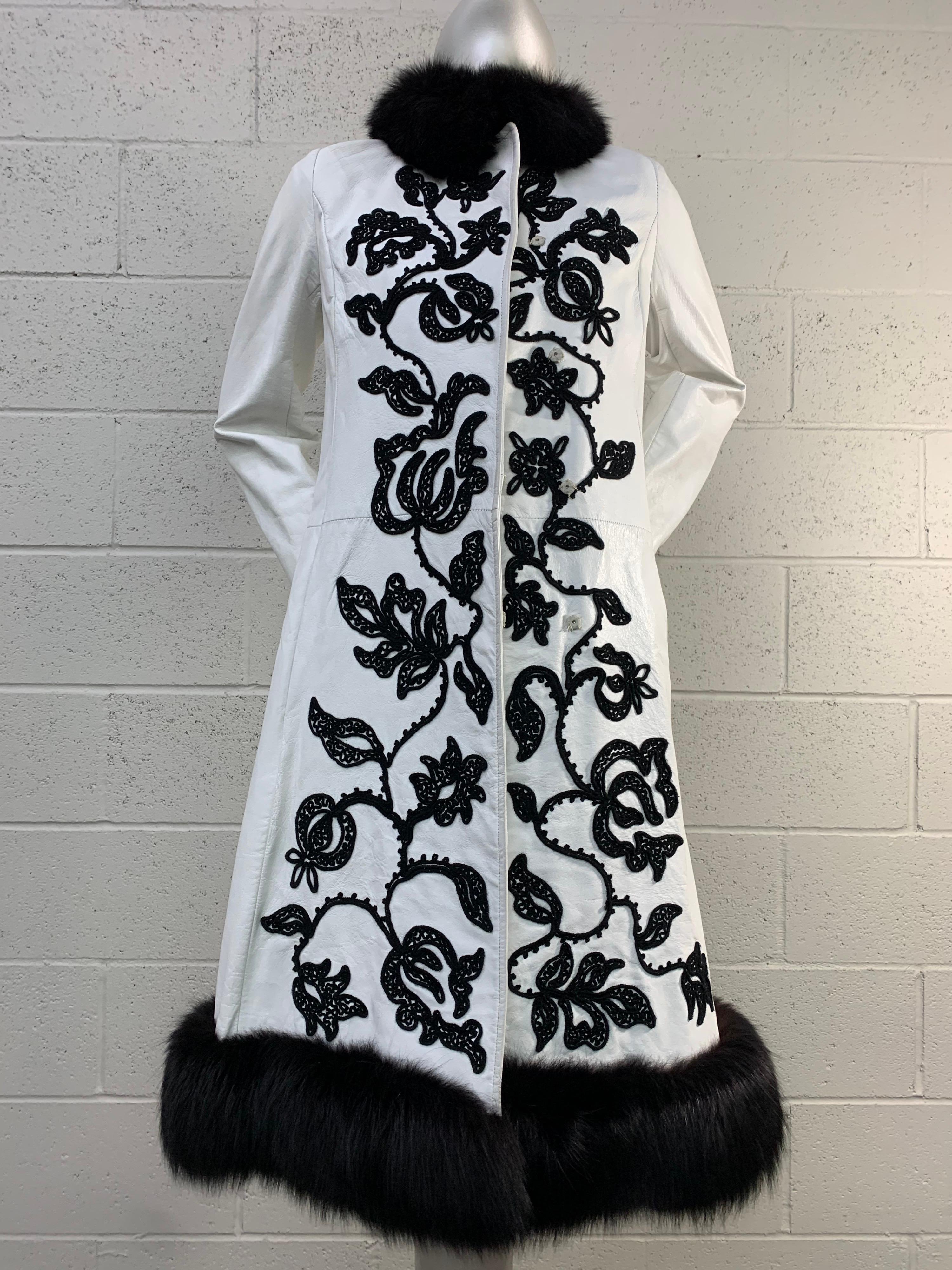 1960s White Leather Princess Coat w/ Black Crewel Embroidery and Fox Trim 5