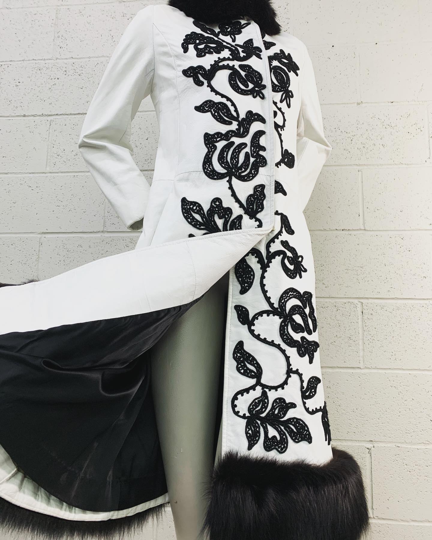 1960s White Leather Princess Coat w/ Black Crewel Embroidery and Fox Trim 9