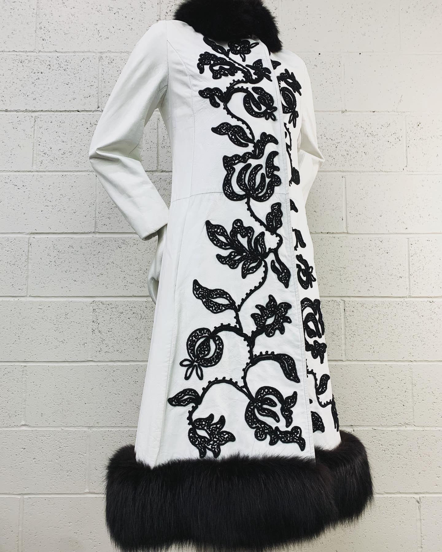1960s White Leather Princess Coat w/ Black Crewel Embroidery and Fox Trim 10