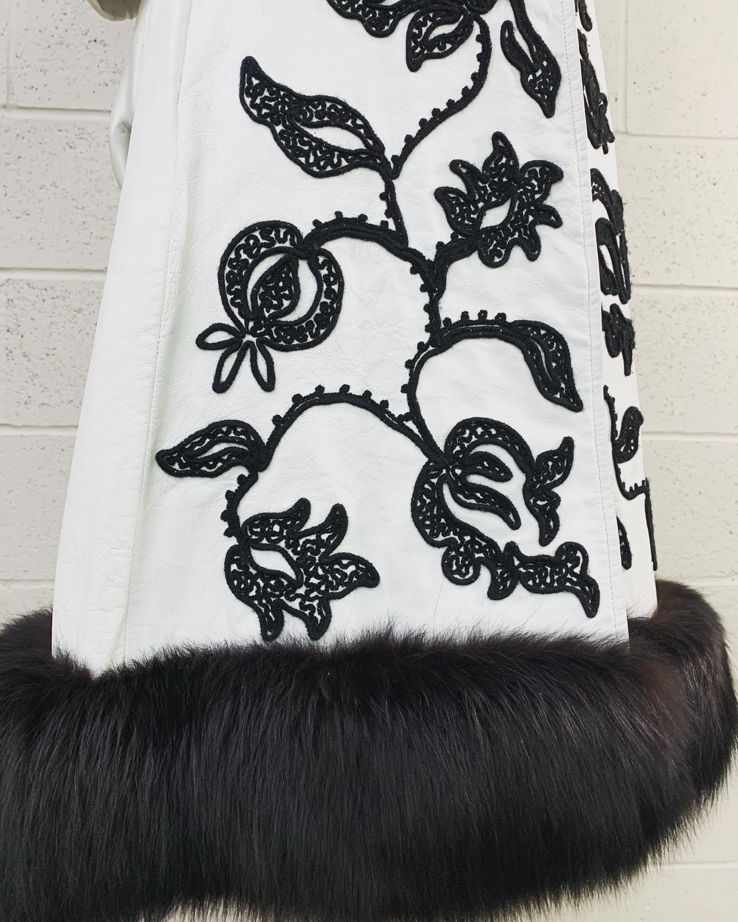 1960s White Leather Princess Coat w/ Black Crewel Embroidery and Fox Trim 12