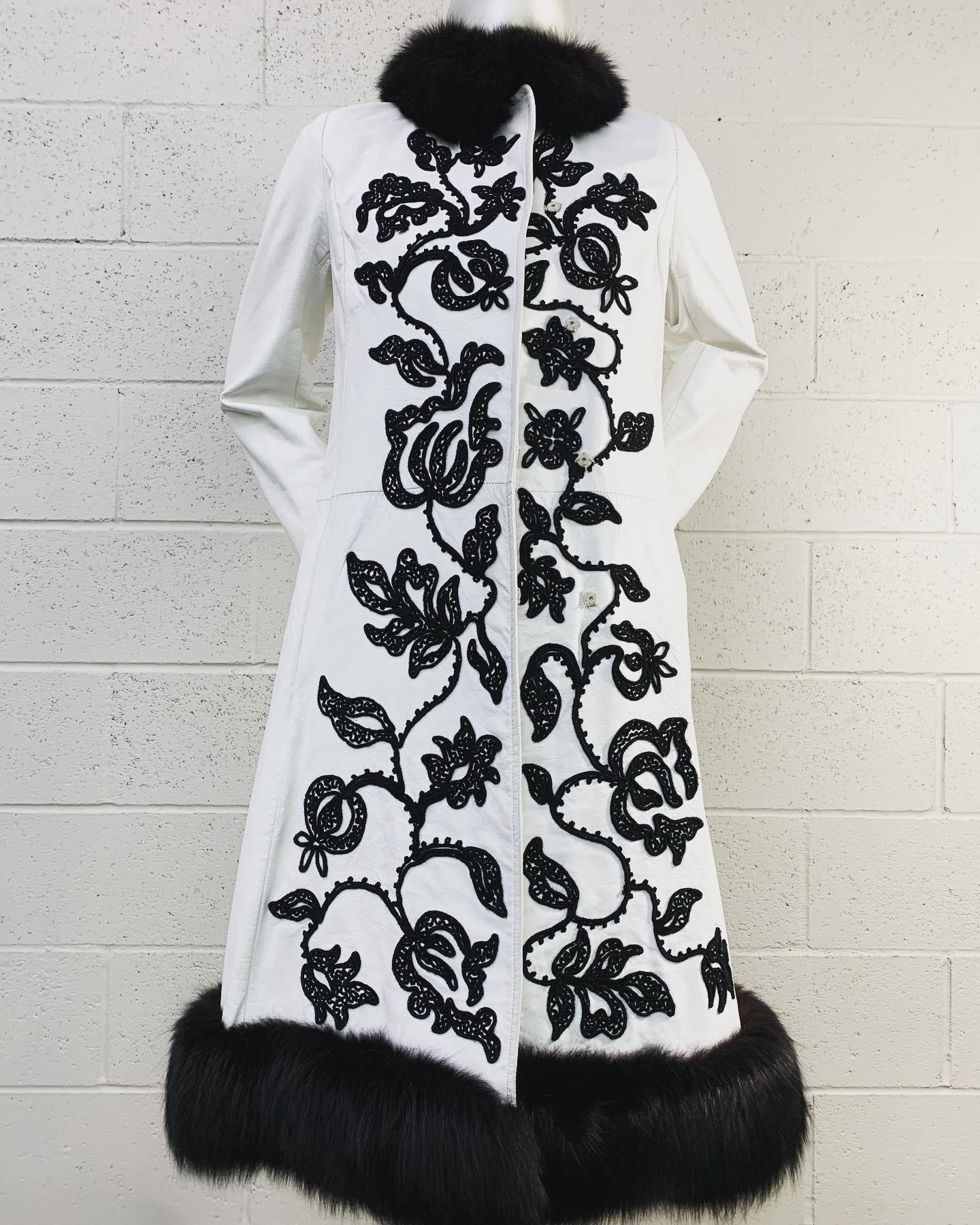 1960s White Leather Princess Coat w/ Black Crewel Embroidery and Fox Trim 13