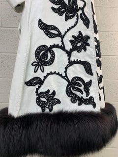 1960s White Leather Princess Coat w/ Black Crewel Embroidery and Fox Trim