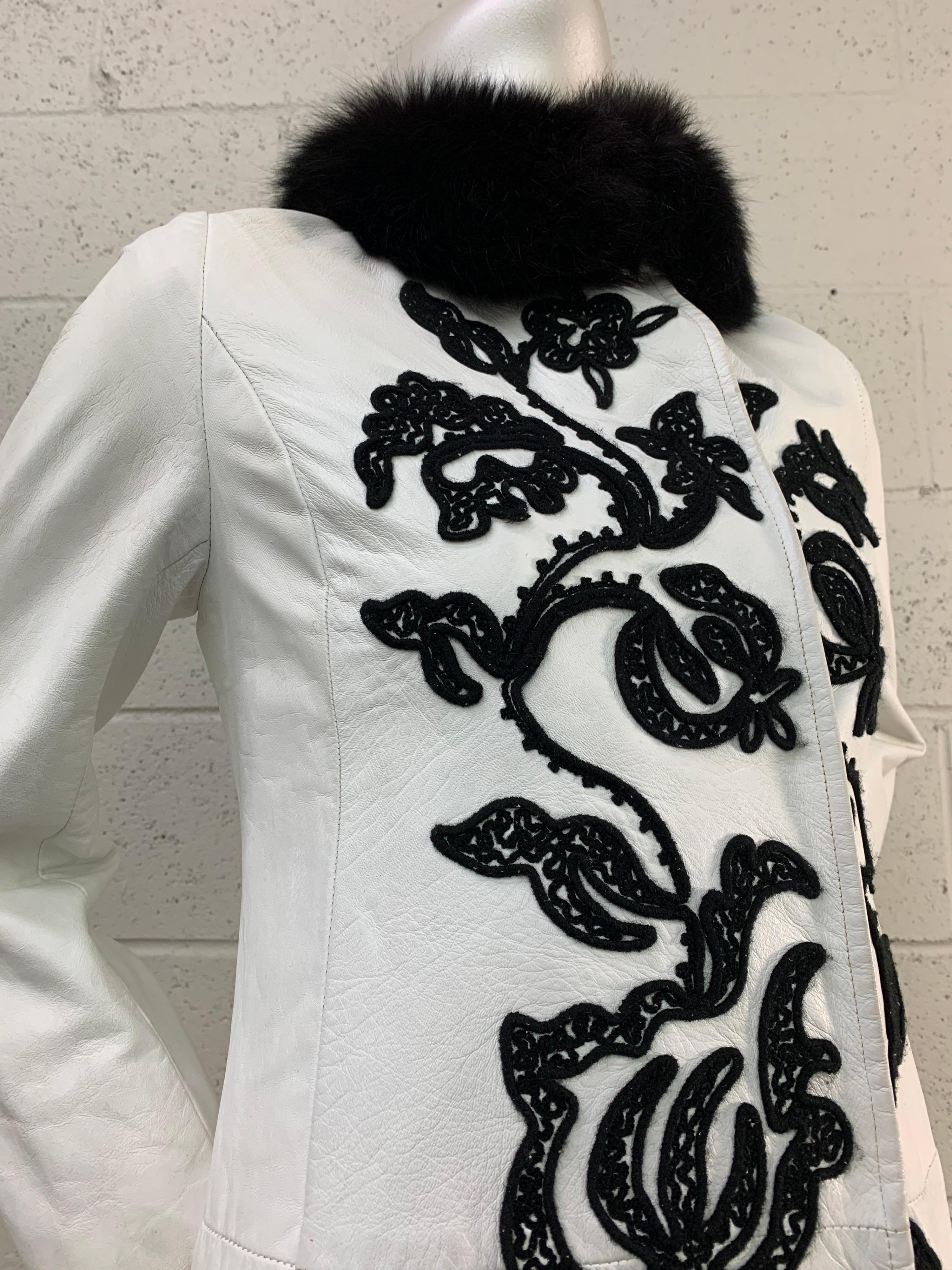 Gray 1960s White Leather Princess Coat w/ Black Crewel Embroidery and Fox Trim