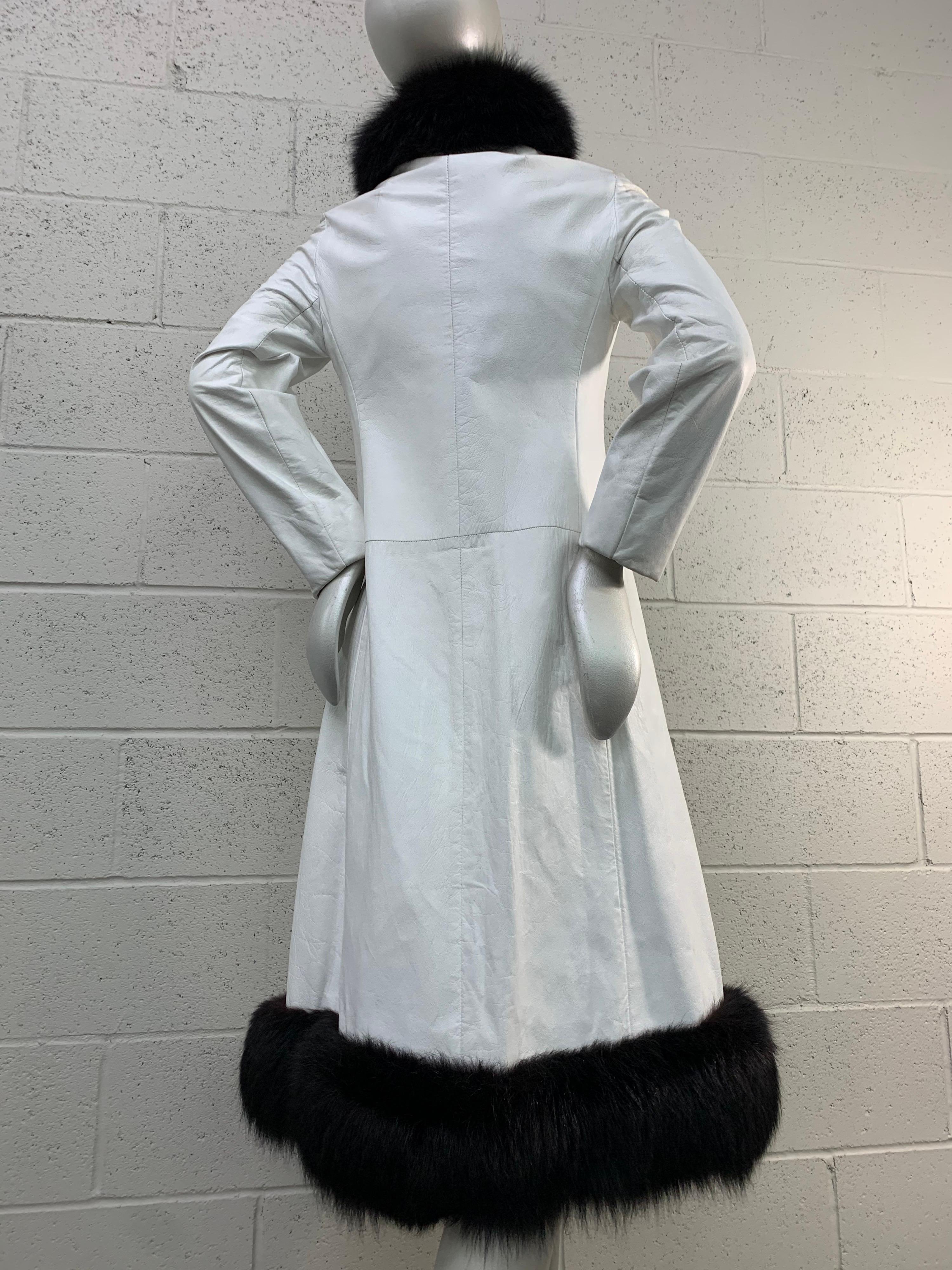 1960s White Leather Princess Coat w/ Black Crewel Embroidery and Fox Trim 1