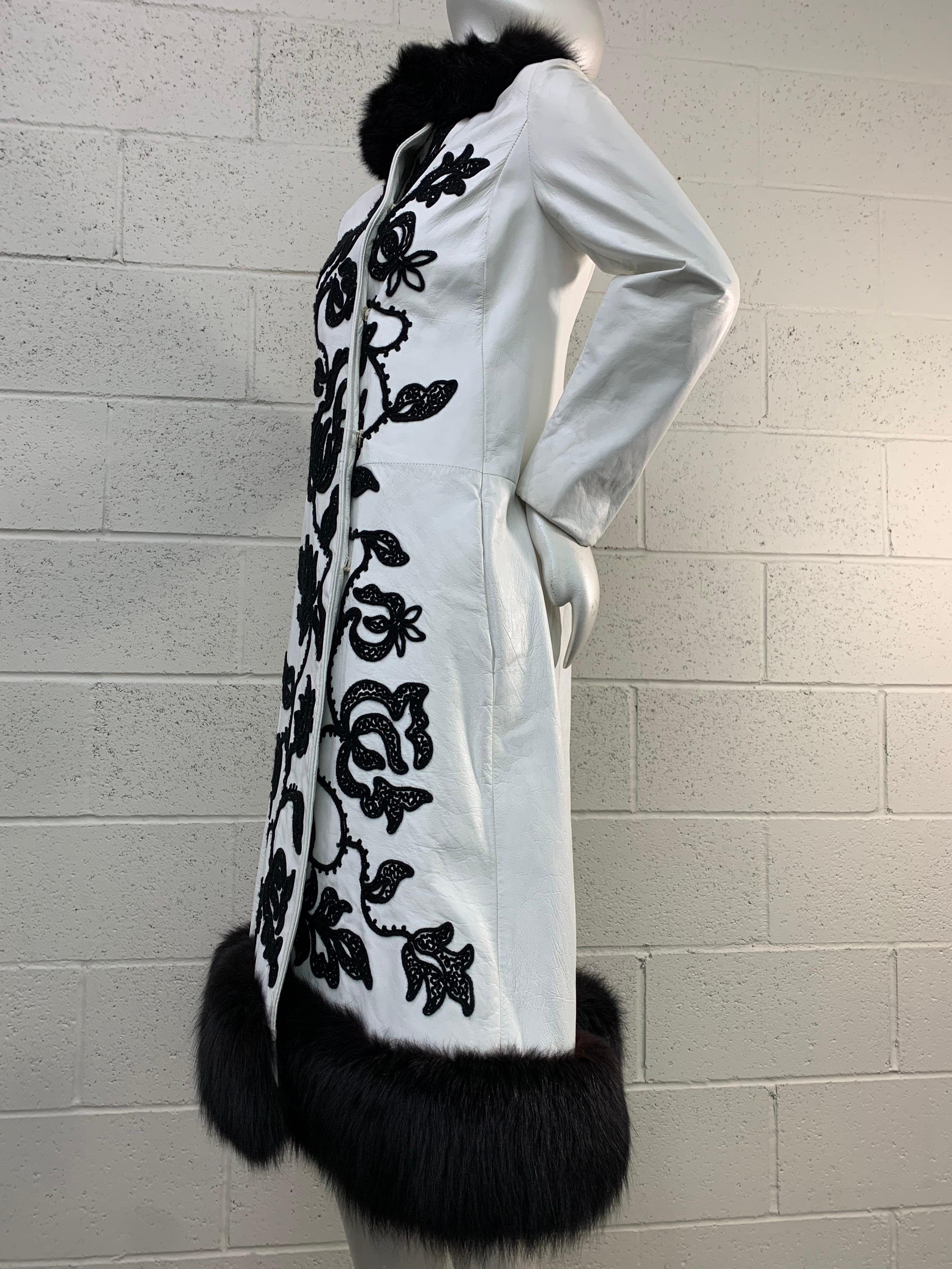 1960s White Leather Princess Coat w/ Black Crewel Embroidery and Fox Trim 2