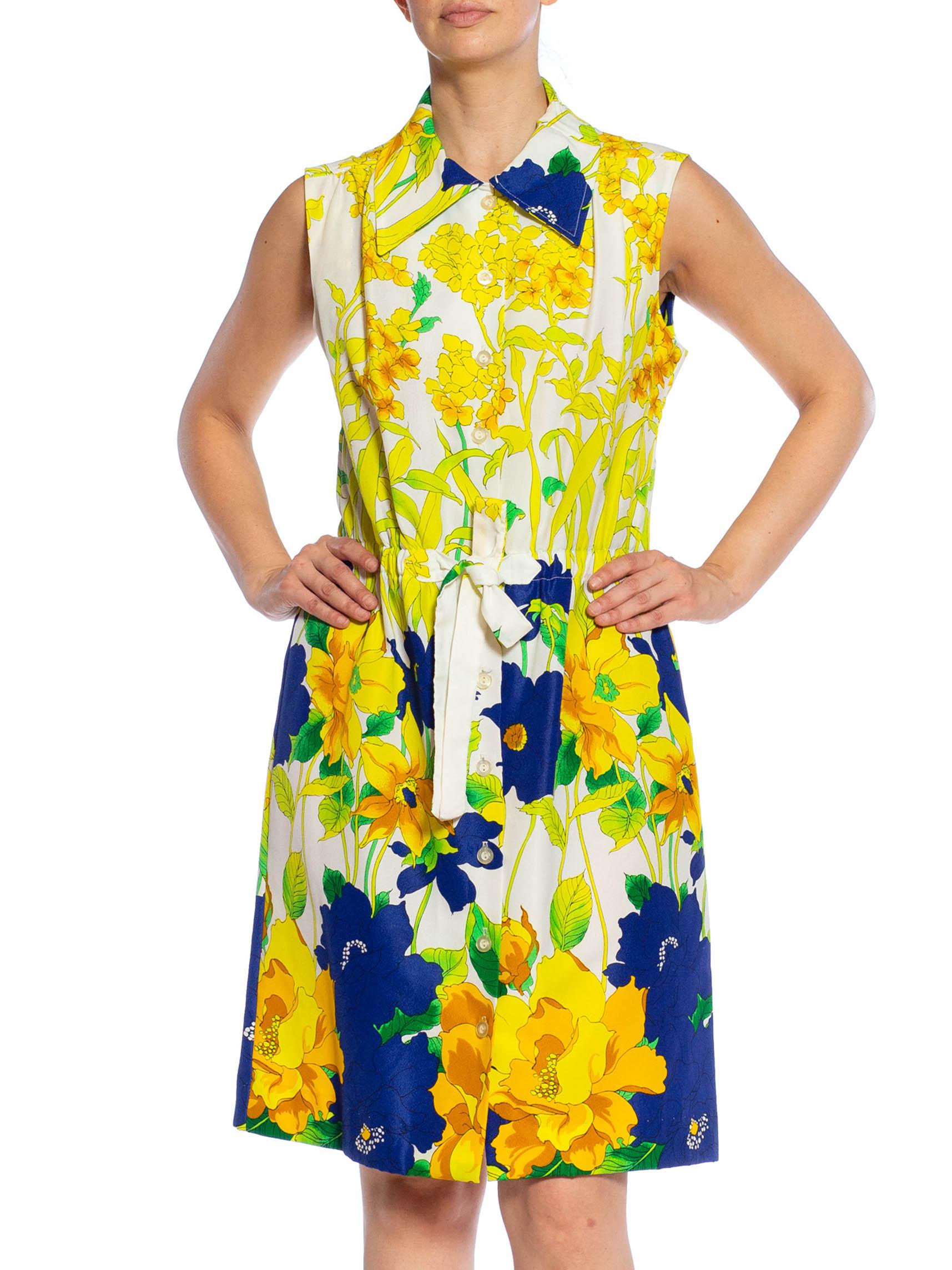 Women's 1960S White, Lemon Green & Navy Blue Polyester Crepe Floral Sleeveless Dress For Sale