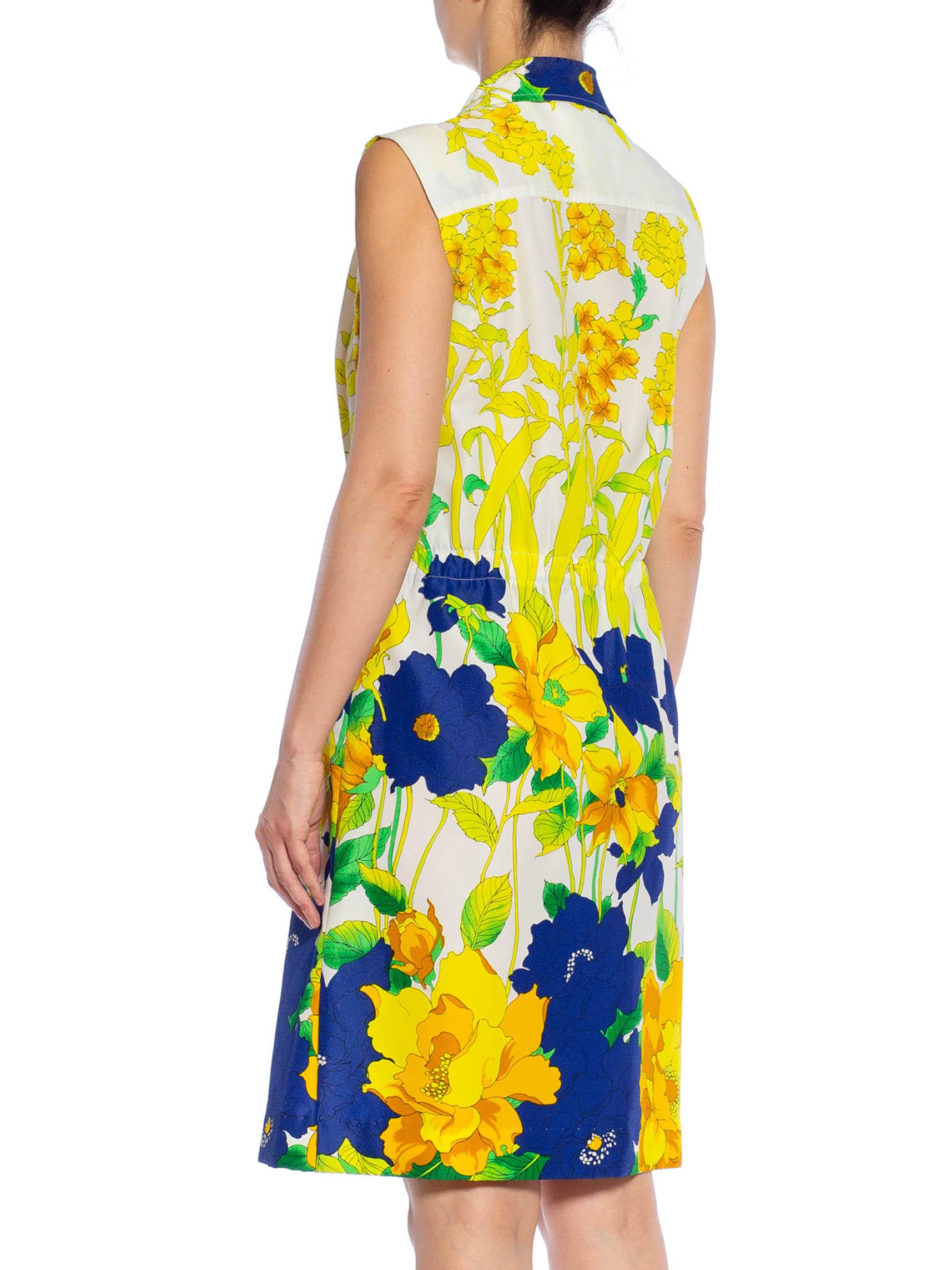 1960S White, Lemon Green & Navy Blue Polyester Crepe Floral Sleeveless Dress For Sale 1
