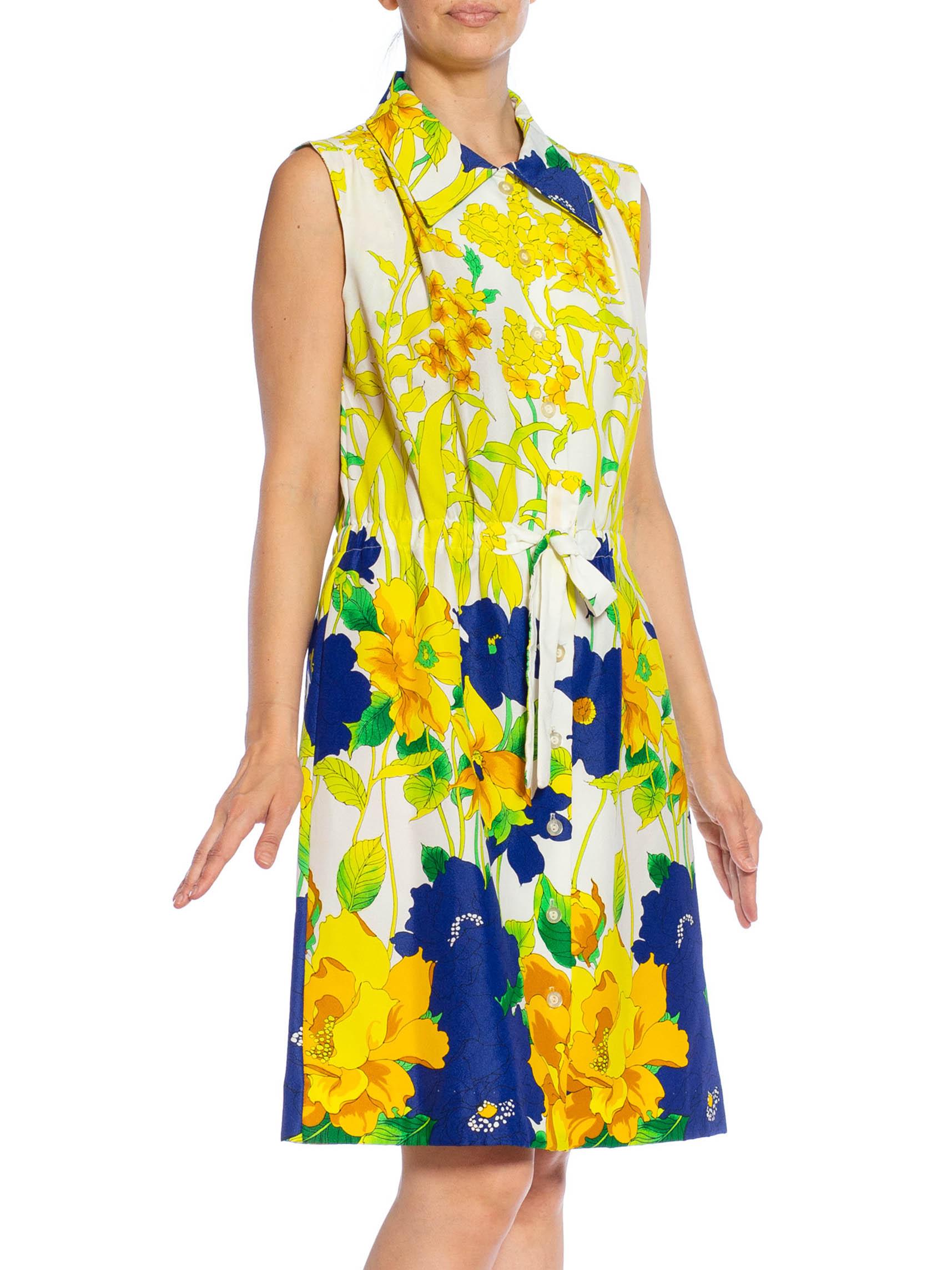 1960S White, Lemon Green & Navy Blue Polyester Crepe Floral Sleeveless Dress For Sale 2