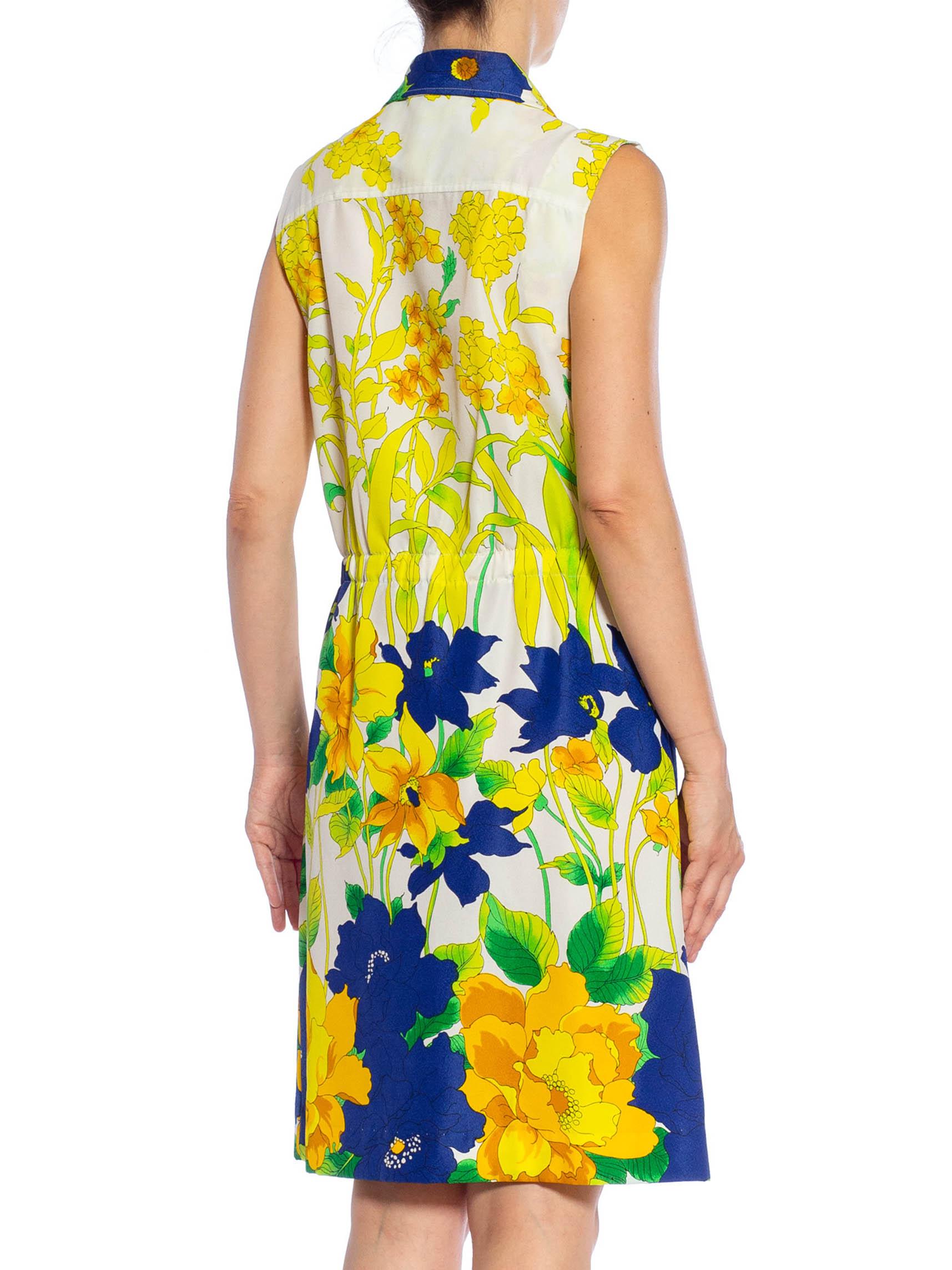 1960S White, Lemon Green & Navy Blue Polyester Crepe Floral Sleeveless Dress For Sale 3