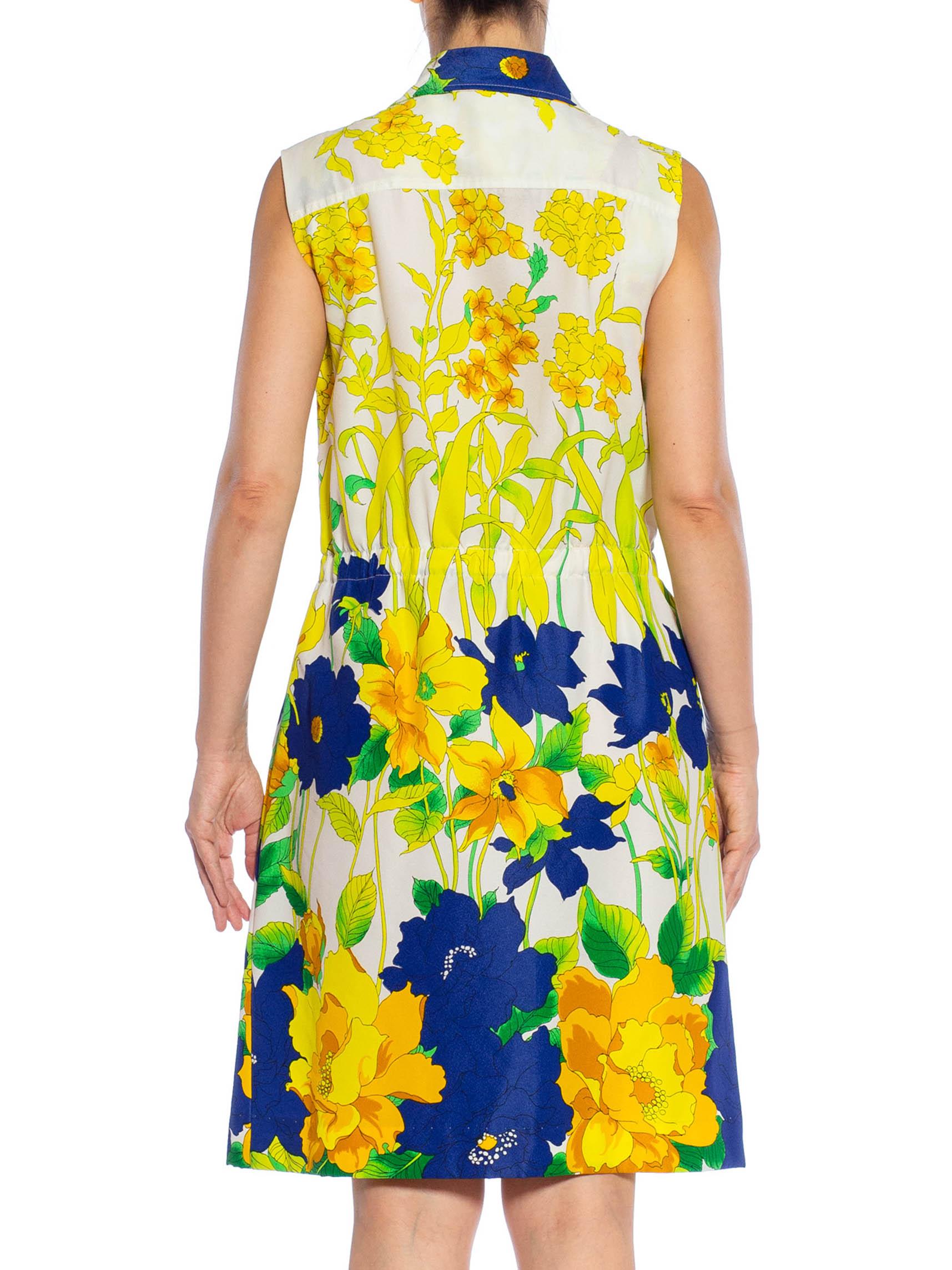 1960S White, Lemon Green & Navy Blue Polyester Crepe Floral Sleeveless Dress For Sale 4