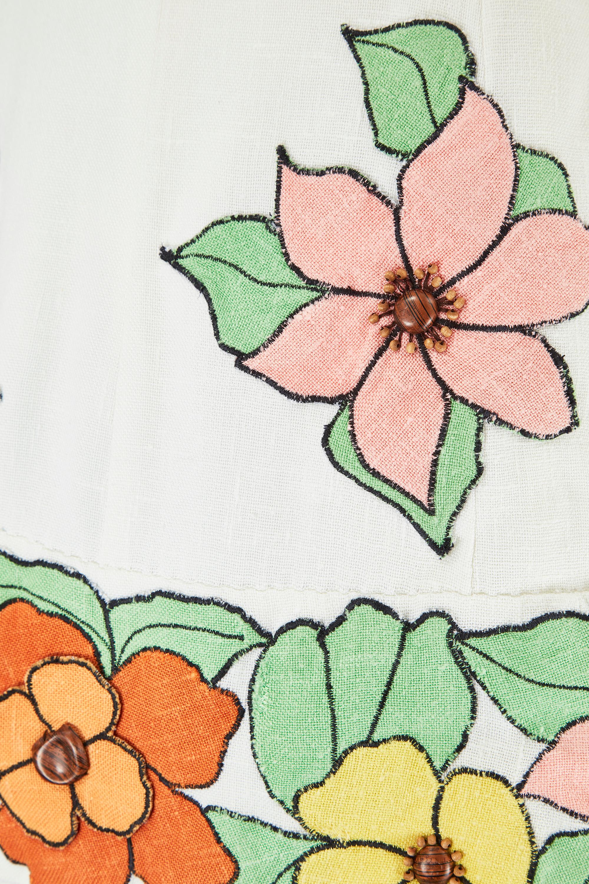 De las mujeres Vestido Mod de lino blanco de los años 60 con grandes apliques florales