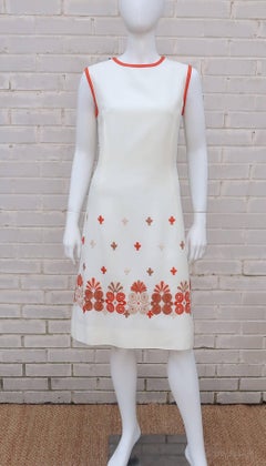 1960’s White Linen Shift Dress With Exotic Embroidered Hem