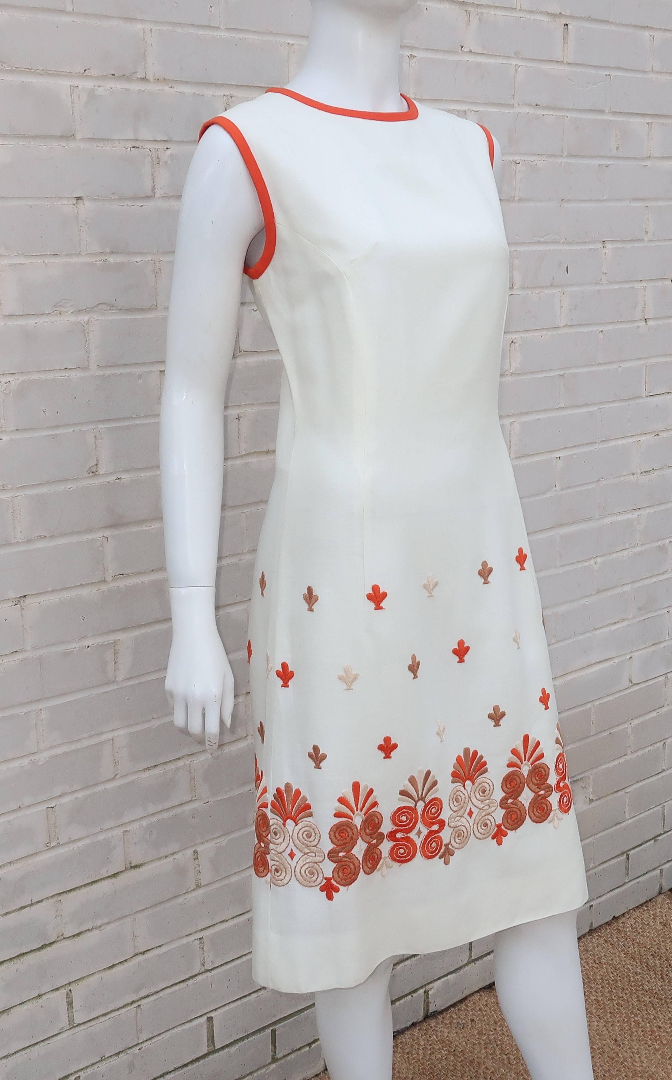 Gray 1960’s White Linen Shift Dress With Exotic Embroidered Hem