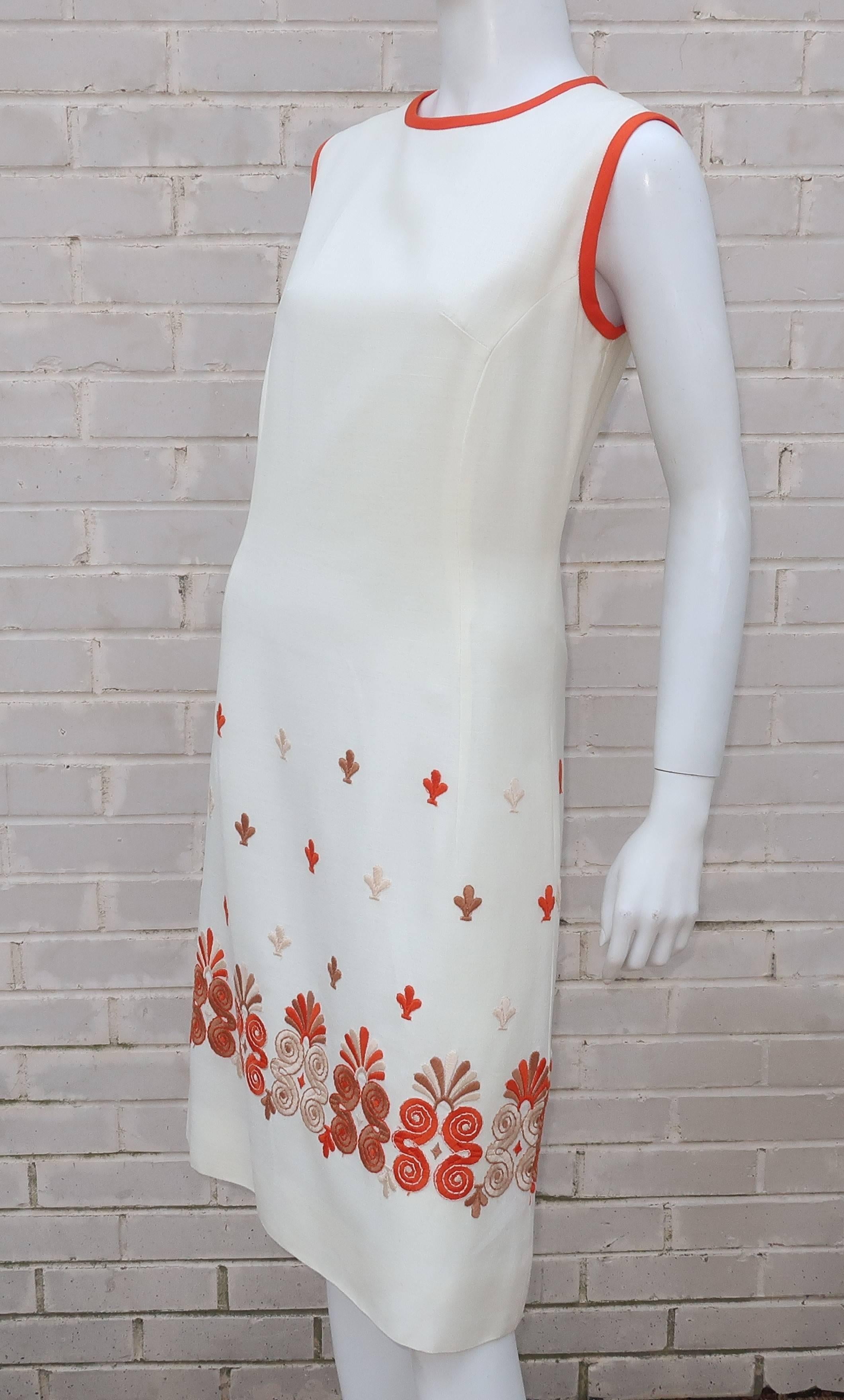Women's 1960’s White Linen Shift Dress With Exotic Embroidered Hem