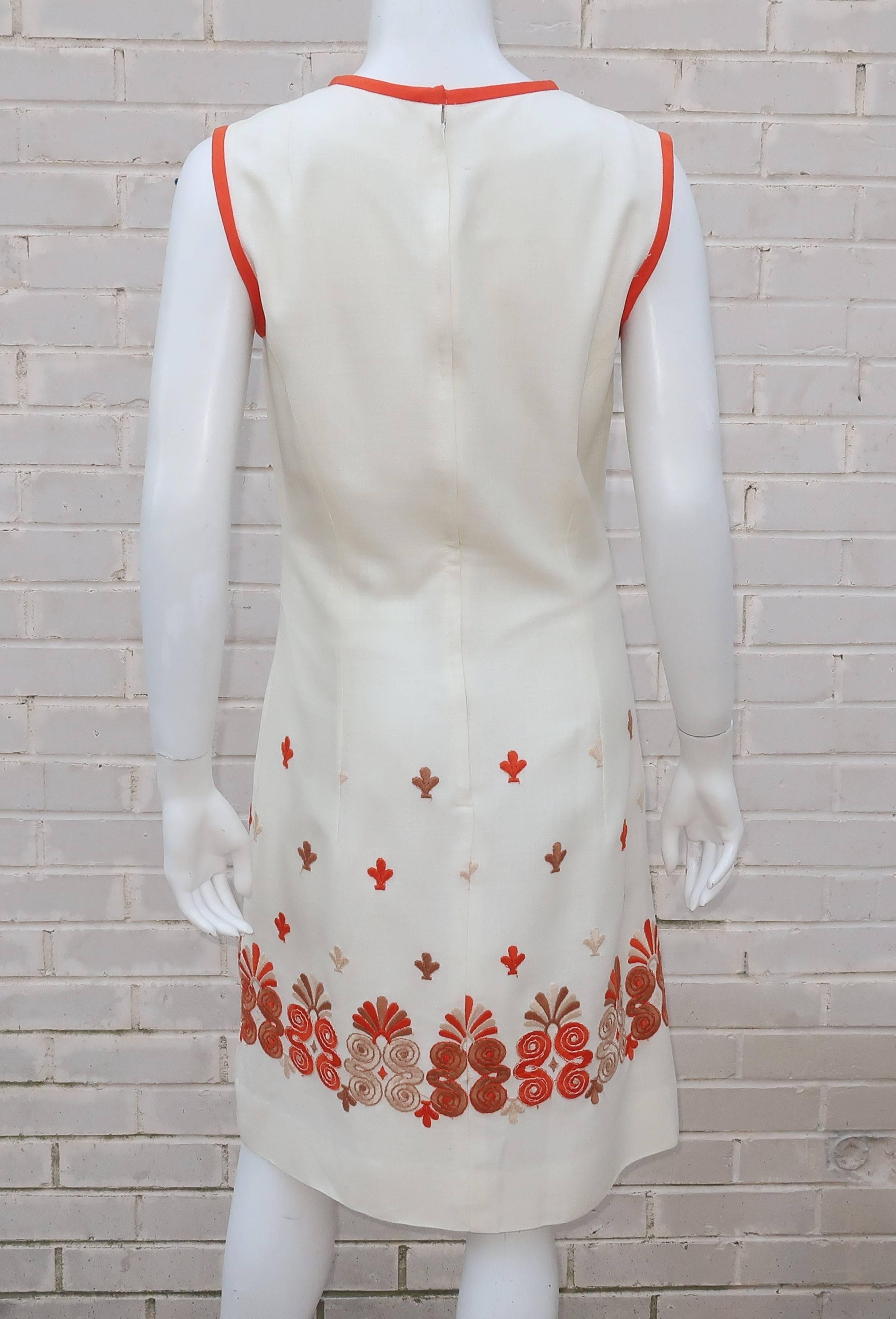 1960’s White Linen Shift Dress With Exotic Embroidered Hem 1