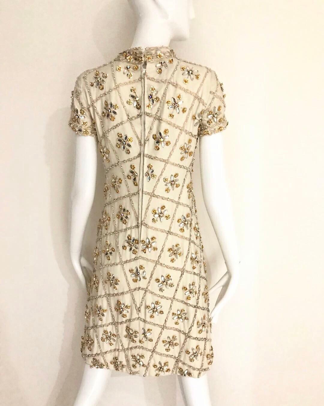 1960s White  Malcolm Starr Beaded Mini Party Dress 1