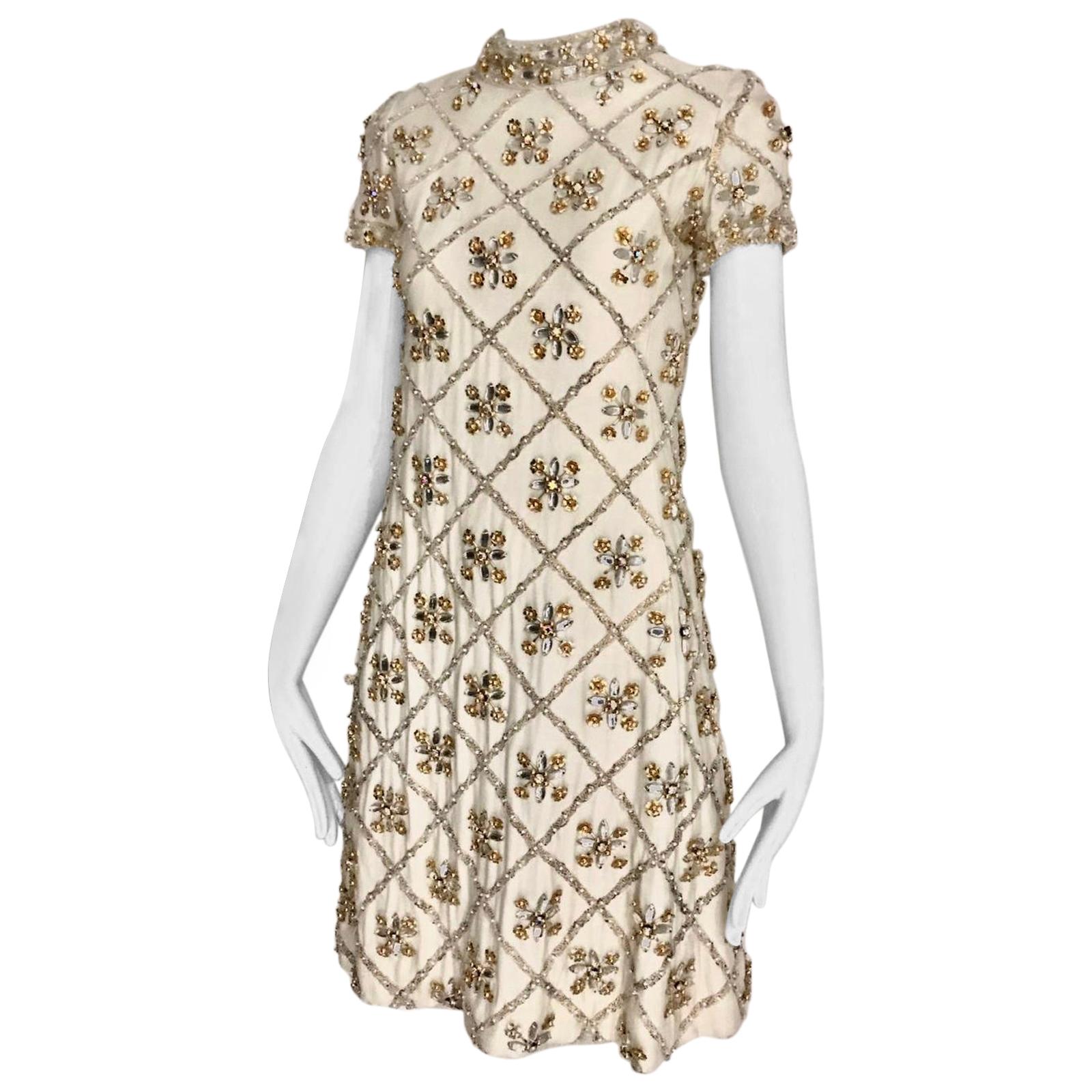 1960s White  Malcolm Starr Beaded Mini Party Dress