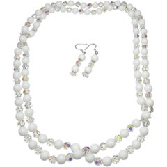 1960s White Milk Glass and Aurora Borealis Crystal Bead Necklace and Earring Set