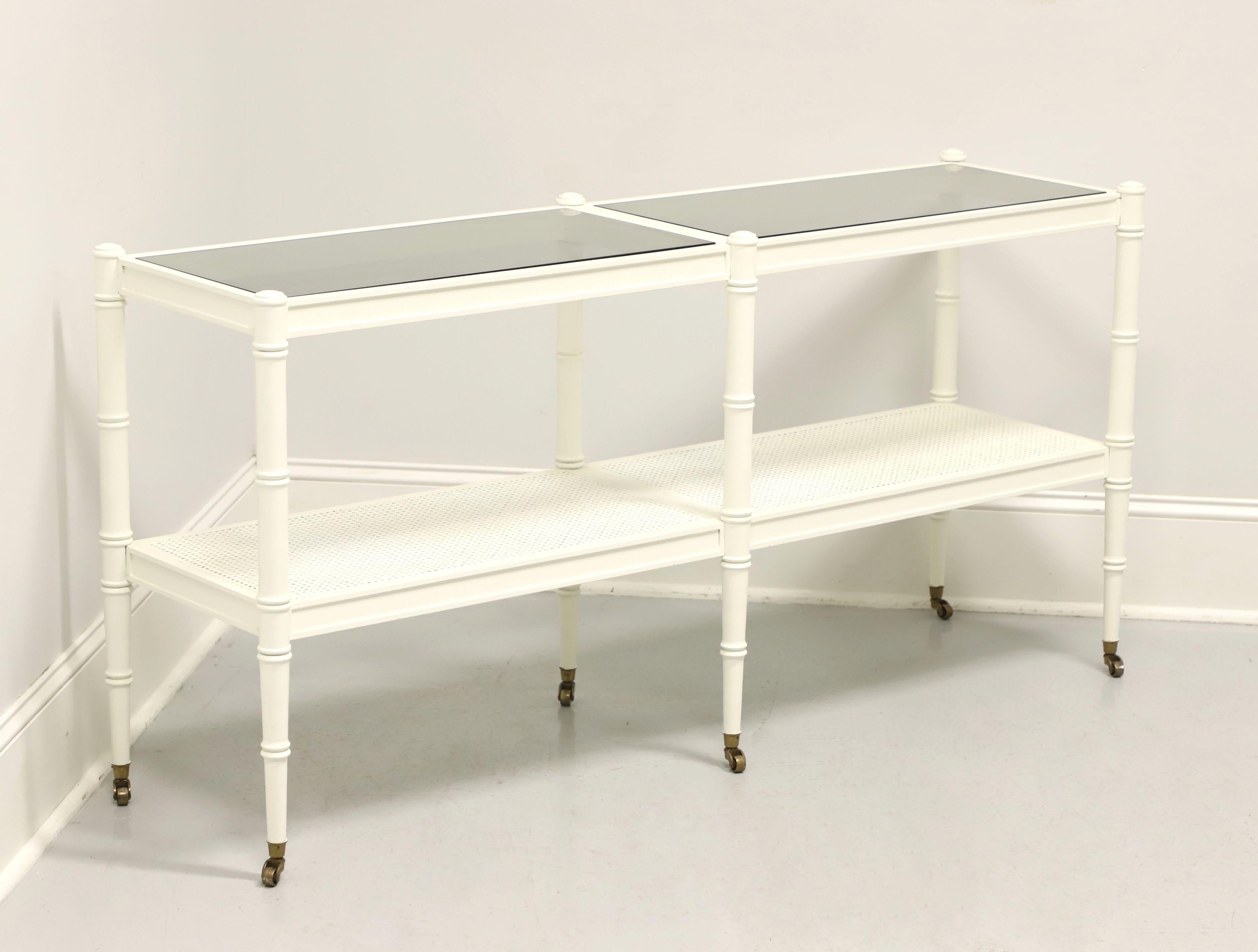 1960's White Painted Faux Bamboo Rattan Glass Top Two-Tier Console w/ Casters 3