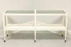 1960's White Painted Faux Bamboo Rattan Glass Top Two-Tier Console w/ Casters
