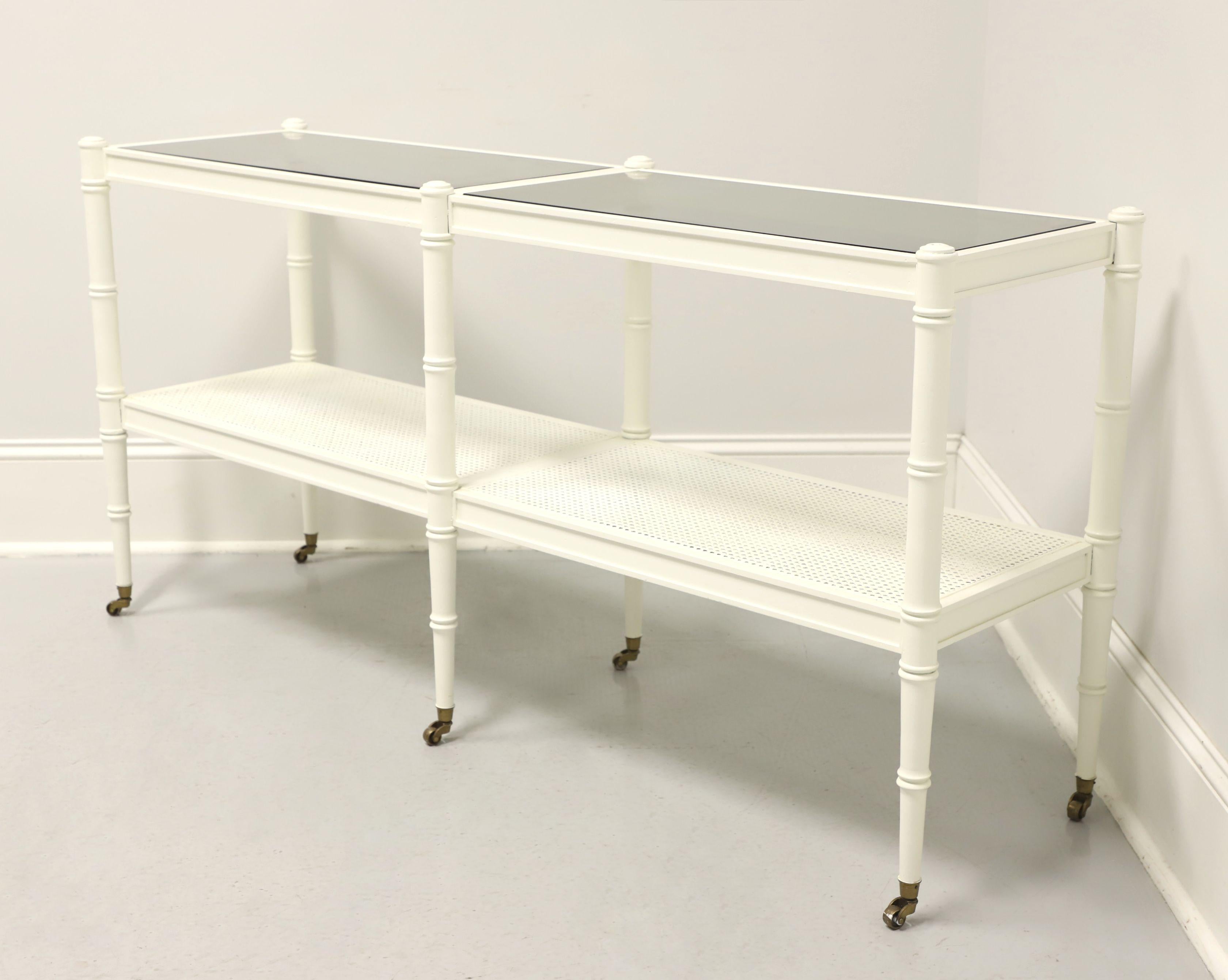 Hollywood Regency 1960's White Painted Faux Bamboo Rattan Glass Top Two-Tier Console w/ Casters