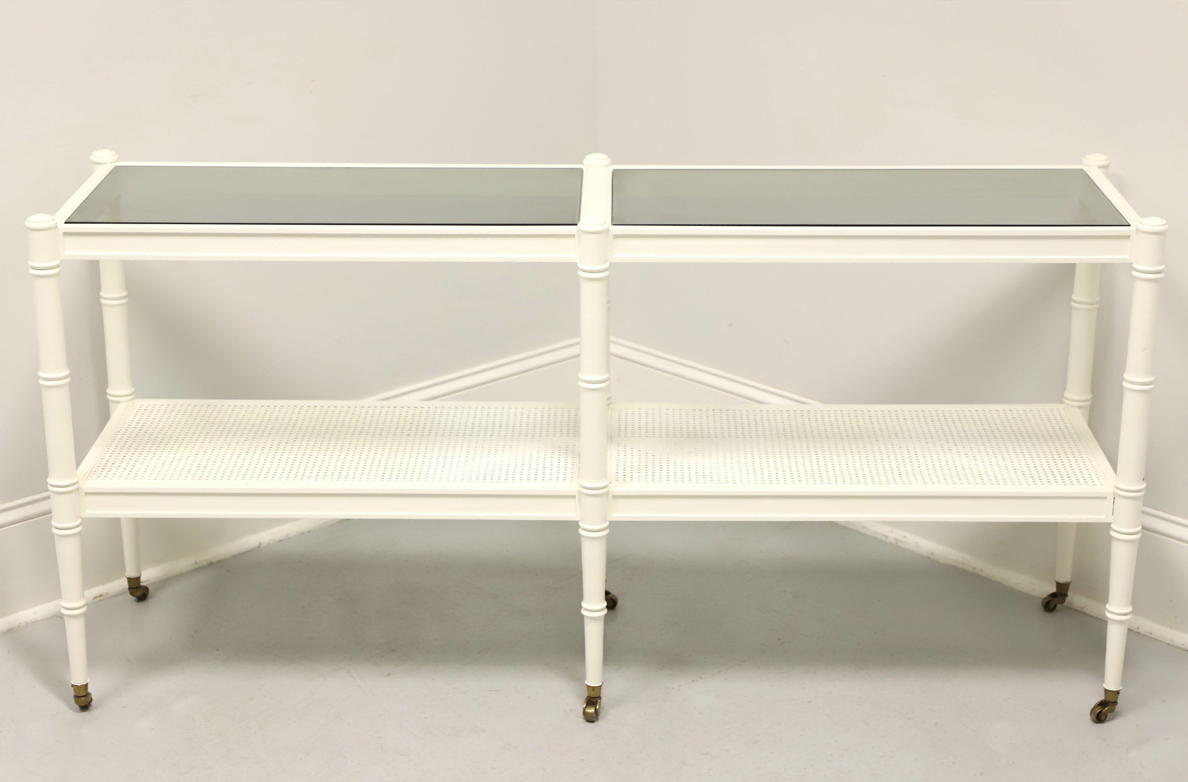 American 1960's White Painted Faux Bamboo Rattan Glass Top Two-Tier Console w/ Casters