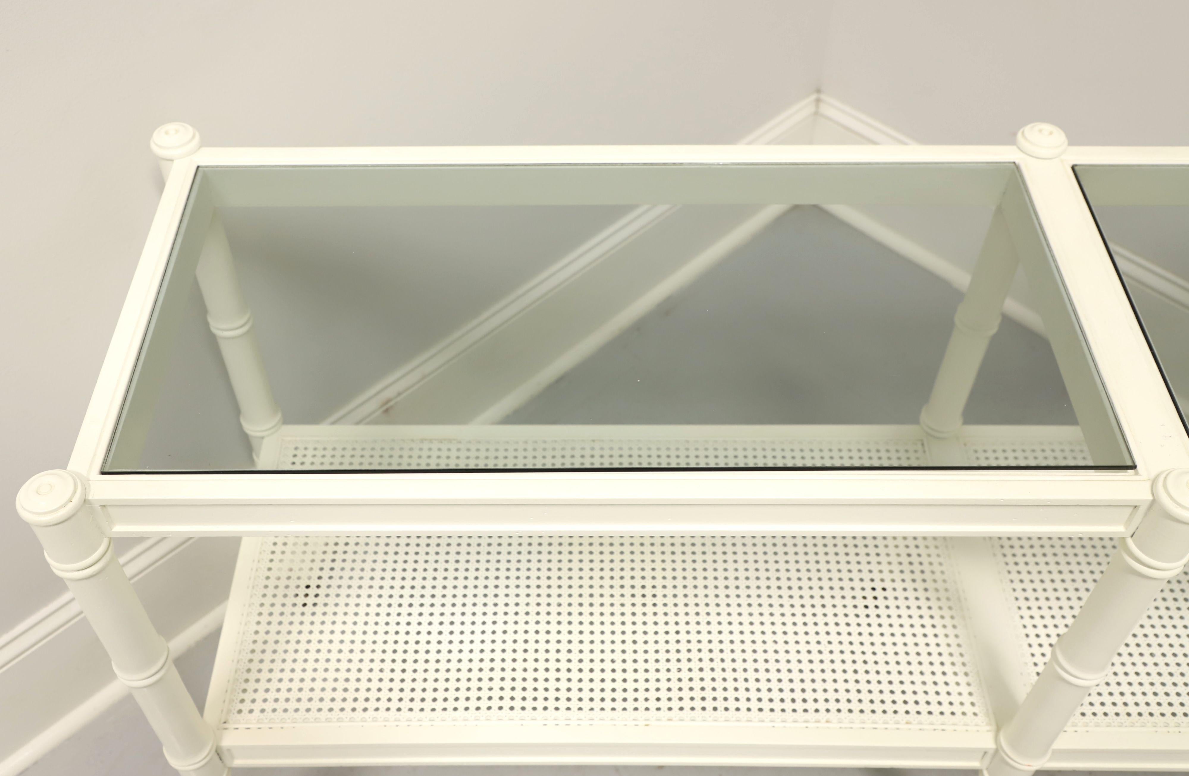 1960's White Painted Faux Bamboo Rattan Glass Top Two-Tier Console w/ Casters In Good Condition In Charlotte, NC