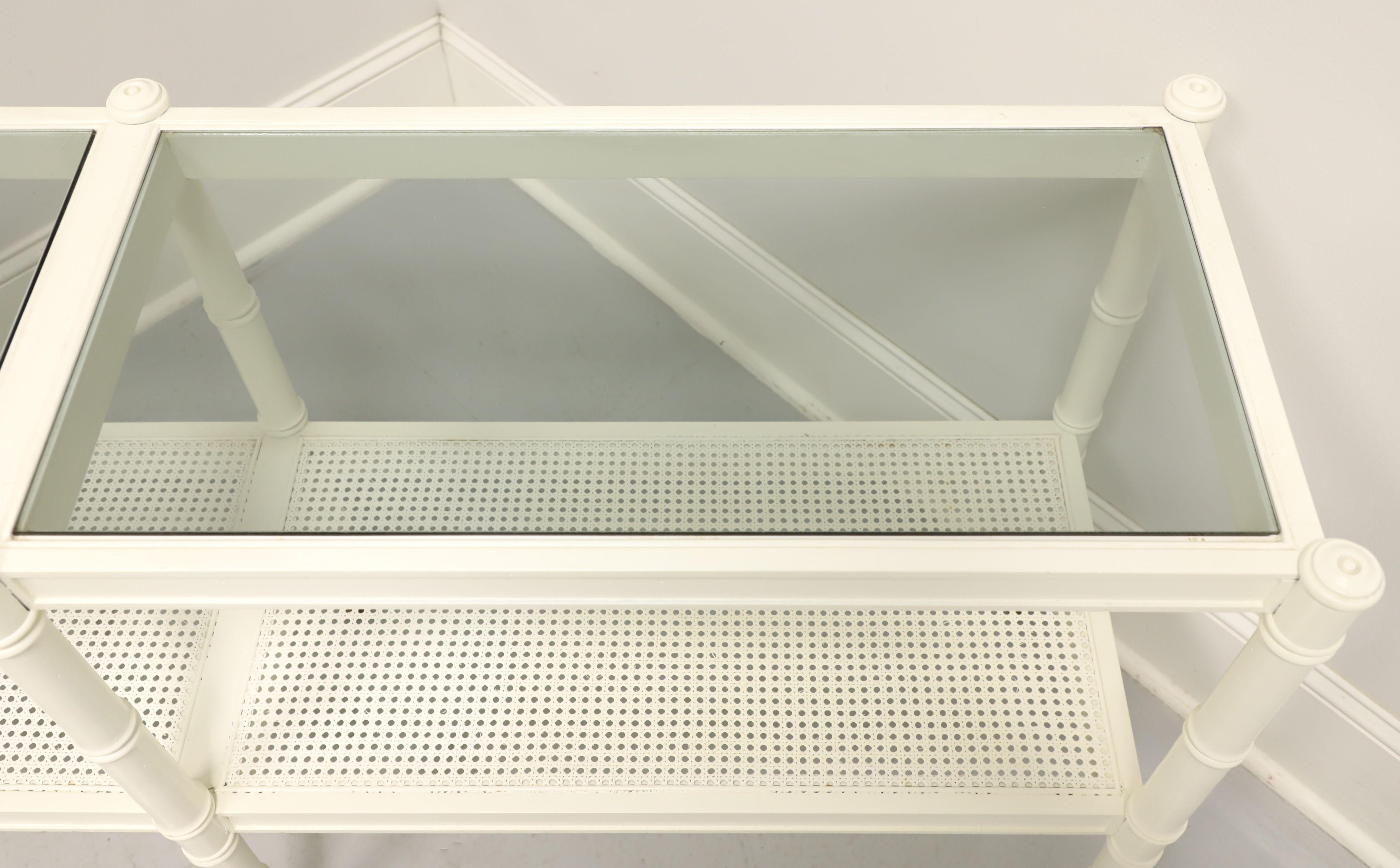 20th Century 1960's White Painted Faux Bamboo Rattan Glass Top Two-Tier Console w/ Casters