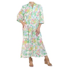 1960S Robe en coton à motif floral blanc, rose et vert