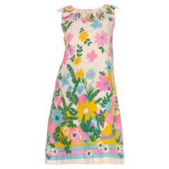 1960S White Pink 
Green Cotton Floral Butterfly Printed Dress