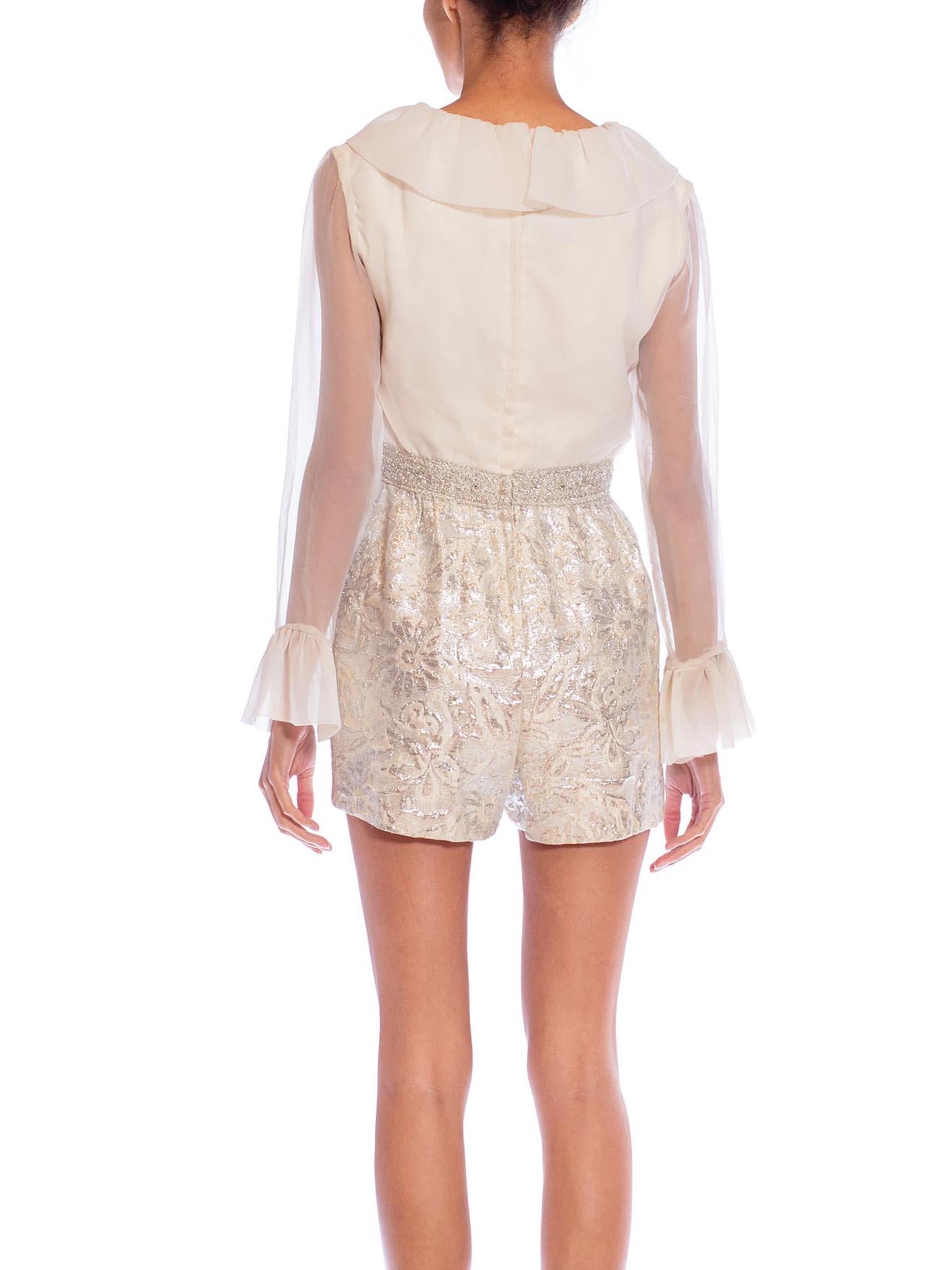 1960S White Poly Lurex Damask Romper With Ruffled Chiffon Top For Sale 1